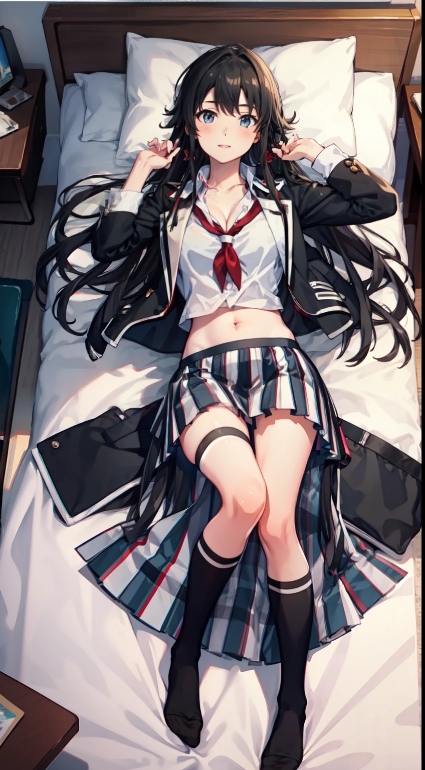 Yukino yukinoshita, long hair, cleavage, navel, slim legs, black hair, blue eyes,  short skirt, thigh high socks, teen, happy, school uniform, bedroom, Belly, full body, pleated skirt, lying on the bed