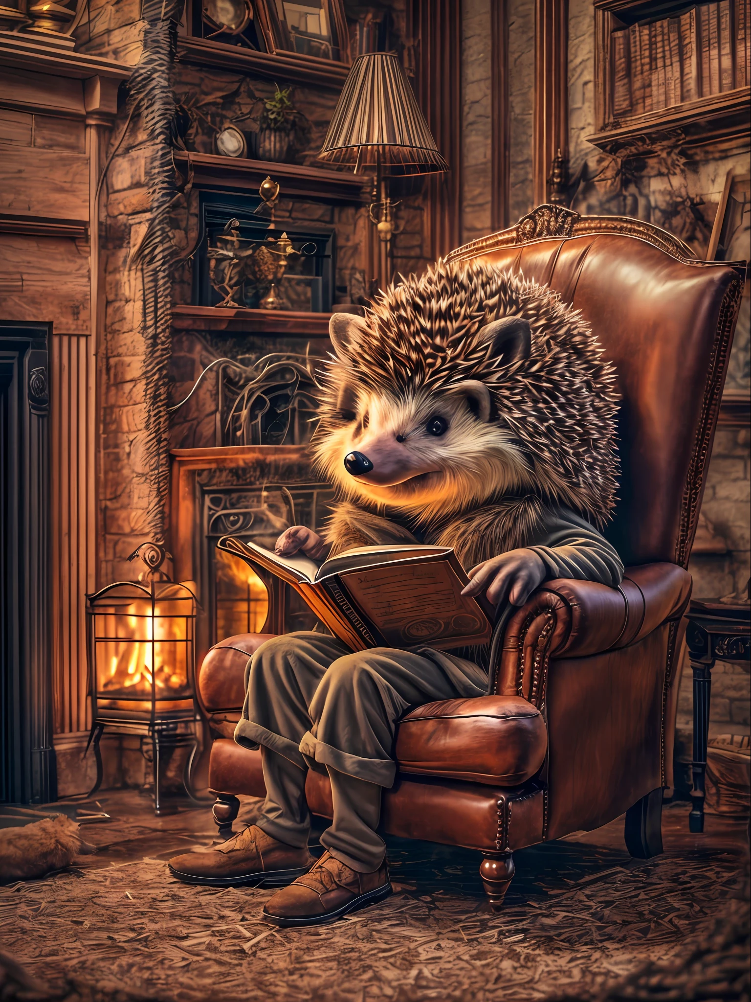 Anthropomorphic hedgehog, sitting in an armchair by the fireplace and reading a book, Cozy room in the evening, Lightroom, Cinematic, HDR, Soggy, an intricate, hiquality, Calm tones, Complicated details, low contrast