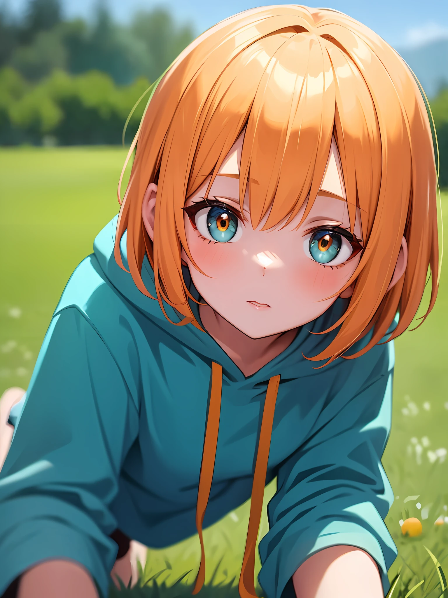 best quality, 1girl in an oversized hoodie on the grass, looking at the viewer, on all fours, close up, close shot, short hair, curious, green, orange, light blue