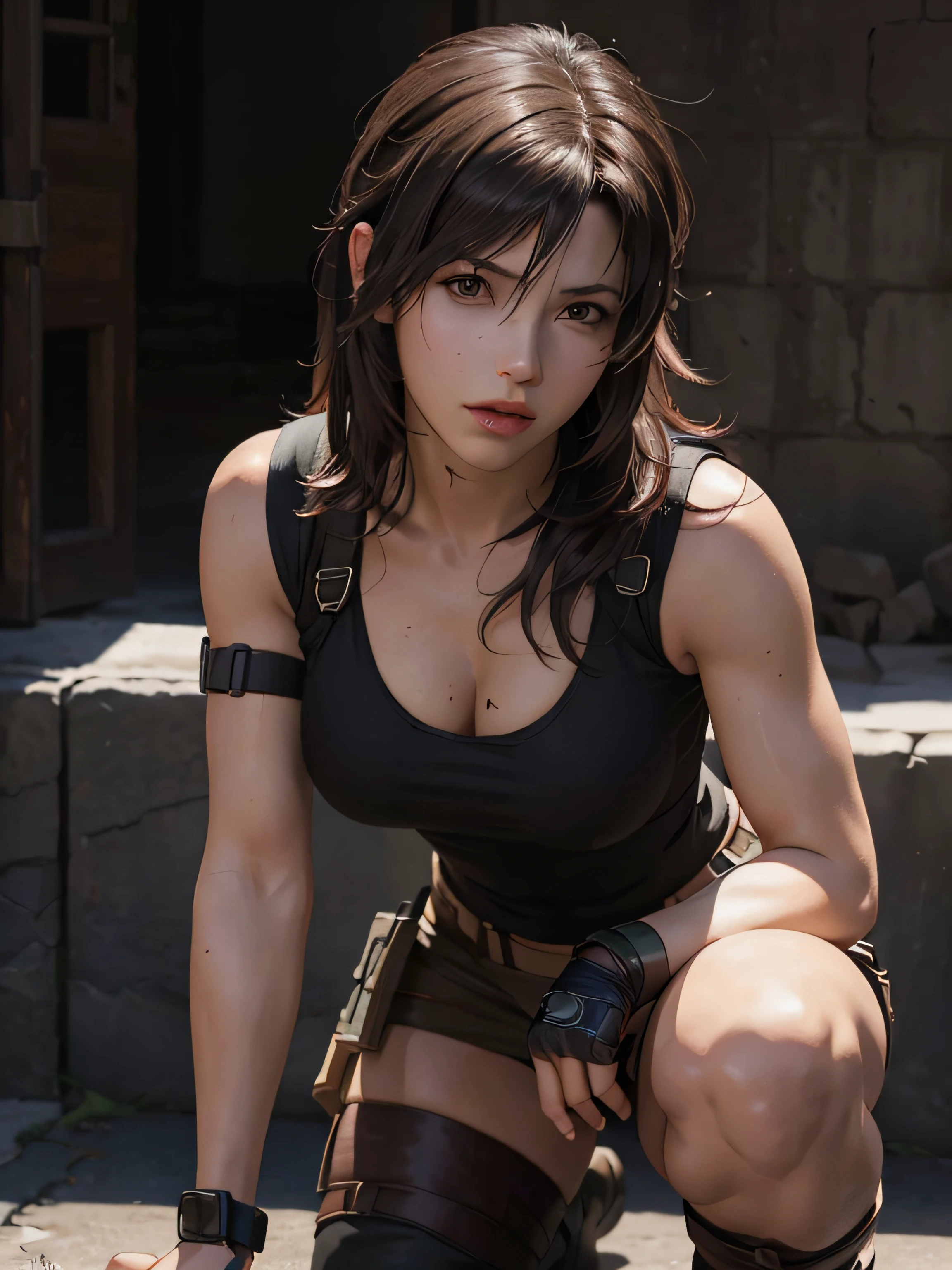(Tifa Lockhart) as (Solid Snake), 1girl, long dark ash brown hair, official art, unity 8k wallpaper, ultra detailed, aesthetic, masterpiece, best quality, photorealistic, all fours