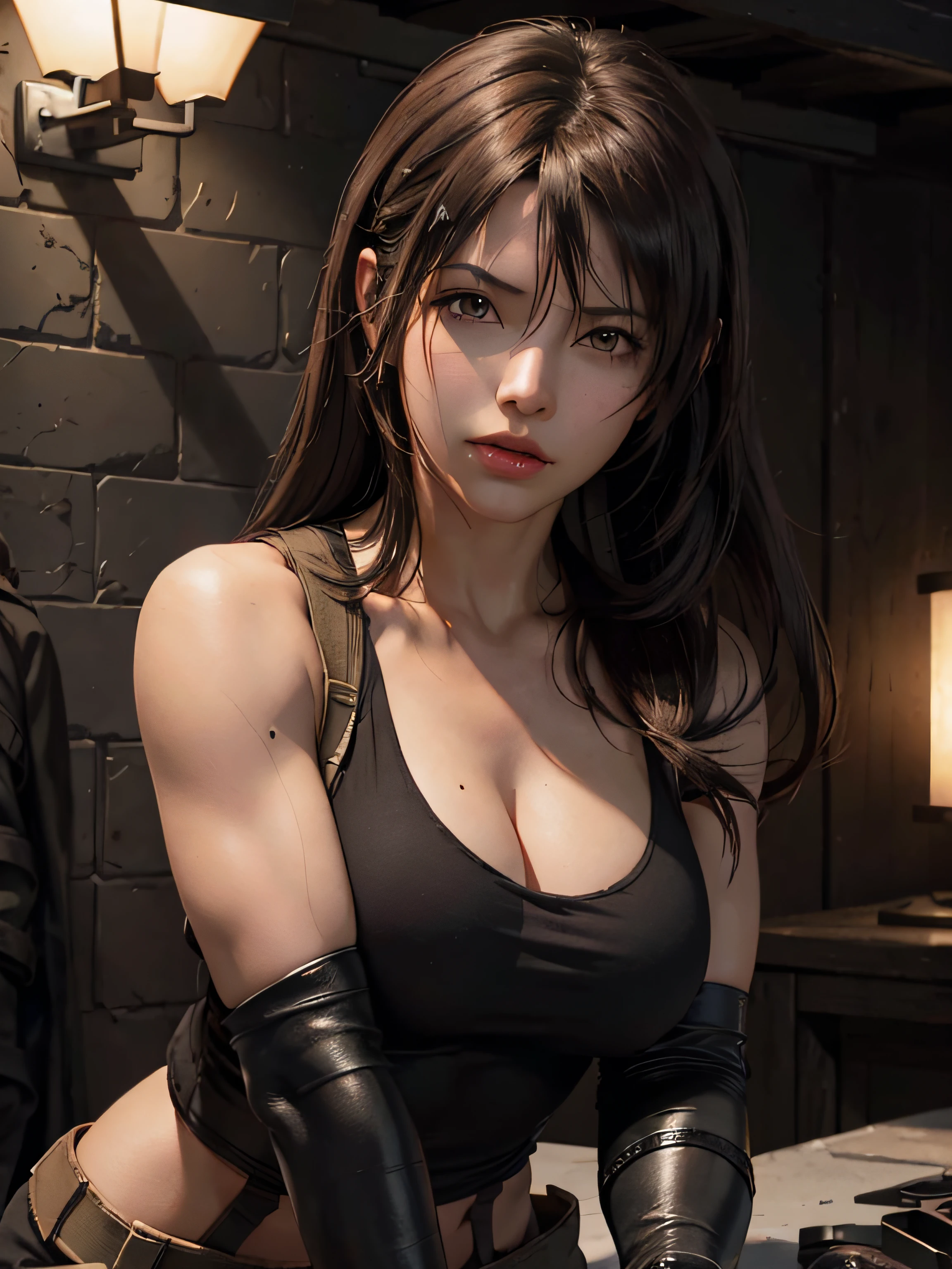 (Tifa Lockhart) as (Solid Snake), 1girl, long dark ash brown hair, official art, unity 8k wallpaper, ultra detailed, aesthetic, masterpiece, best quality, photorealistic, all fours