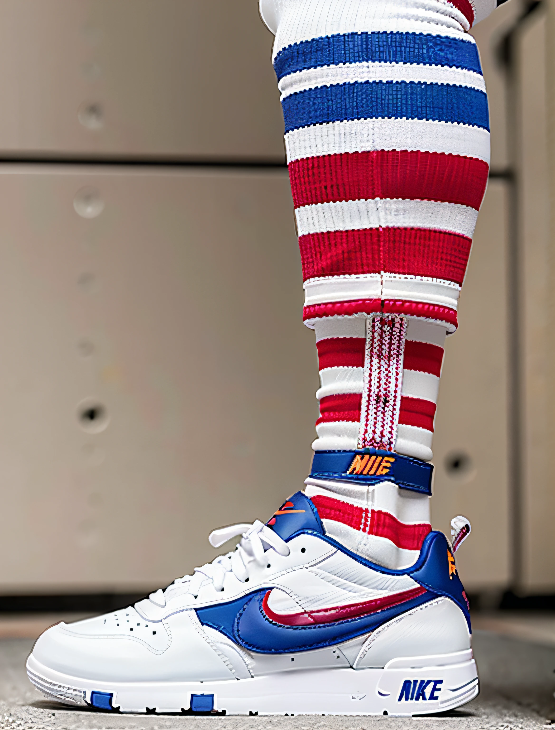 Pie de robot en zapatillas blancas con calcetines rojos y azules con logo de NIKE, Calcetines a rayas, Reebok, pierna alta, Calcetines hasta la rodilla, retro 9 0 s, rayas rojas y blancas, usar calcetines hasta las rodillas, Plano completo ( FS ), Calcetines, Patas traseras robot y zapatillas de deporte, rojaargas. Logo de Nike en calcetines