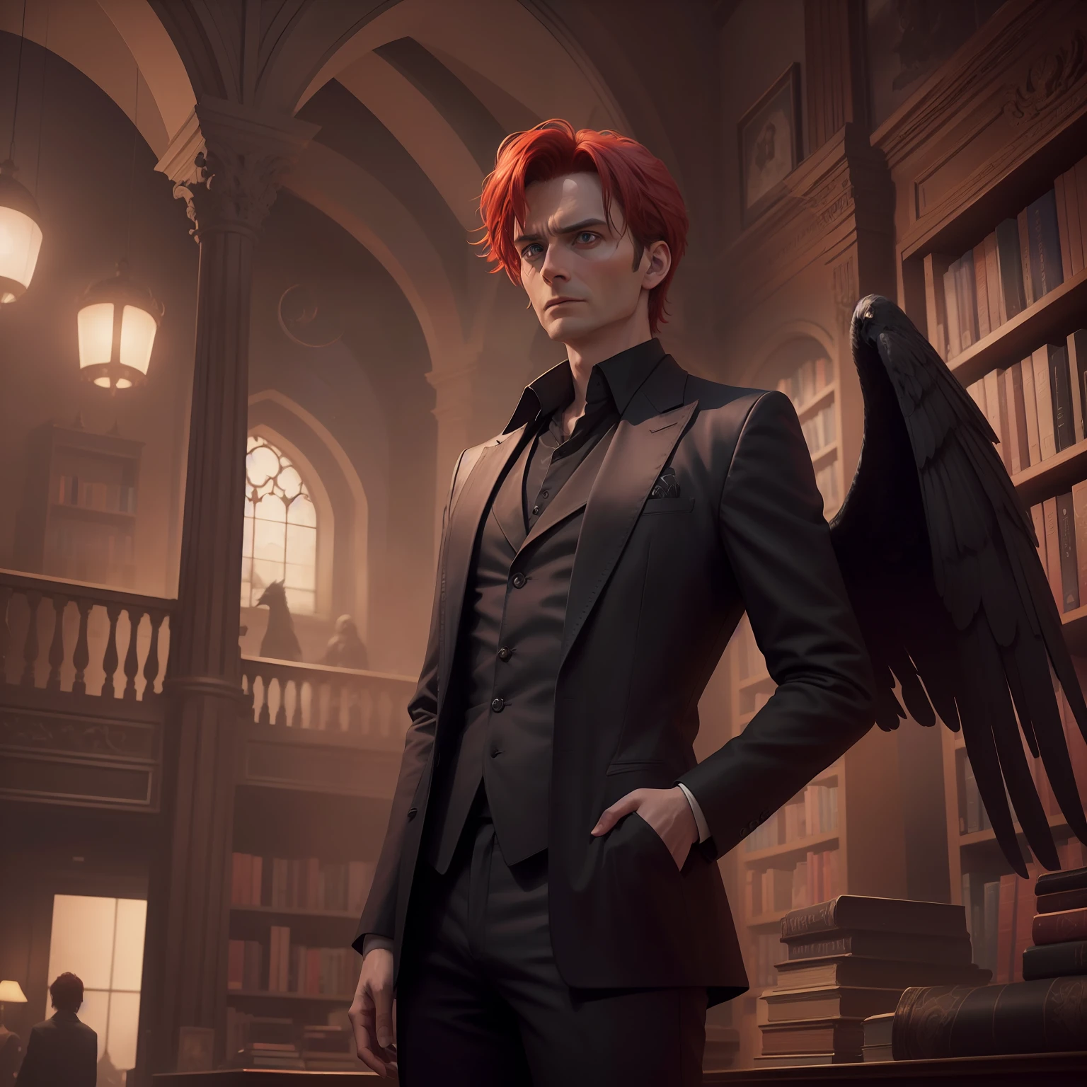 "David Tennant as Crowley in the TV show Good Omens, with stunning red hair and a beautiful face, surrounded by a highly detailed 2D world. The scene is set in a bookshop in hell, with Crowley's crow wings elegantly displayed. The artwork is in 4k resolution, capturing every exquisite detail of the demon and his surroundings."