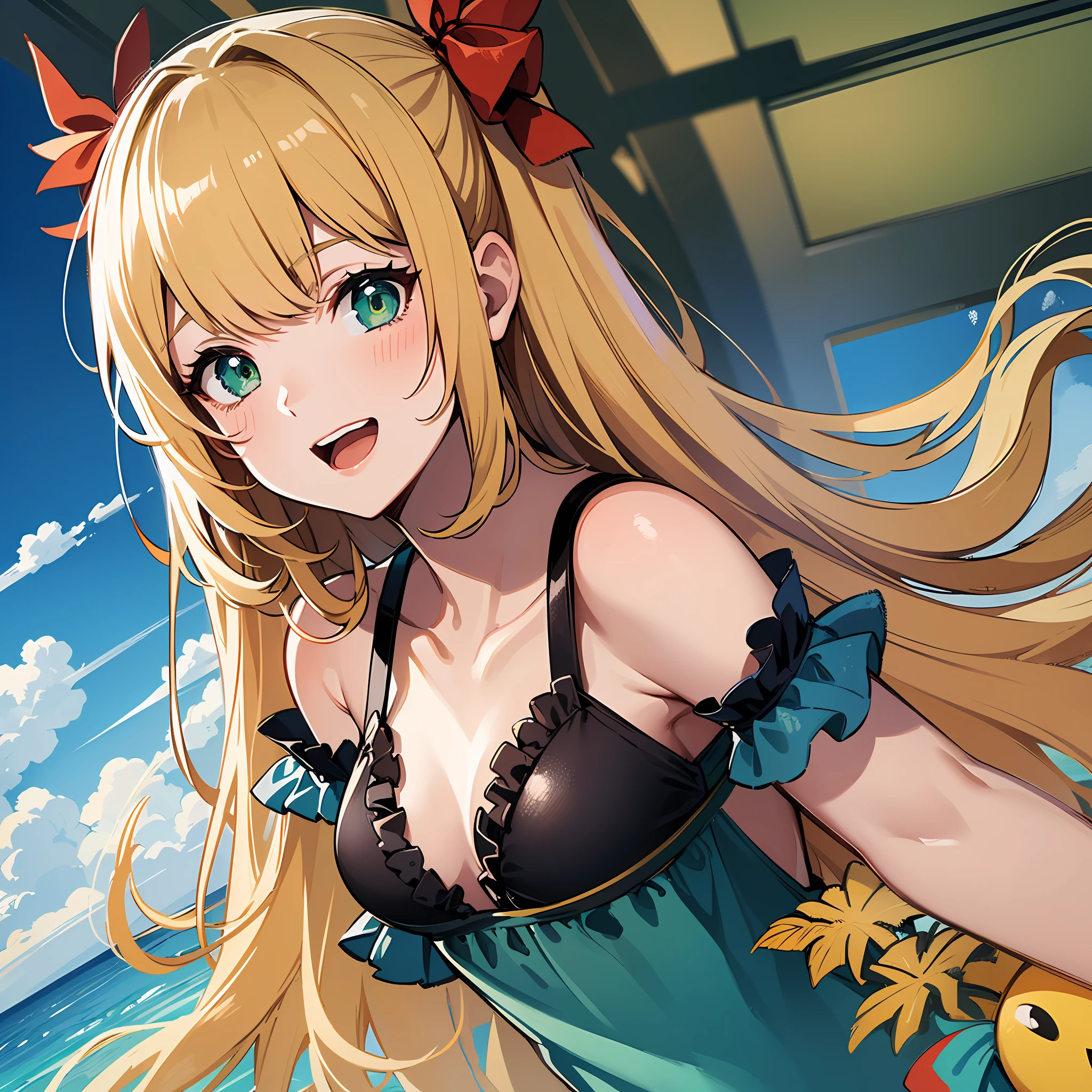 (masterpiece:1.3), (best quality:1.3), high resolution,
dutch angle, overlook view, upper body,
body facing forward,
(one cute girl:1.3), solo,
white skin, small Breast, eight-headed person,
light yellow hair, long hair, red ribbon, fluffy hair, beautiful hair, green eyes, beautiful detailed eyes,
open mouth, cheerful smile,
swimsuit, frill,
outdoors, ocean, beach,
shadowlighting,