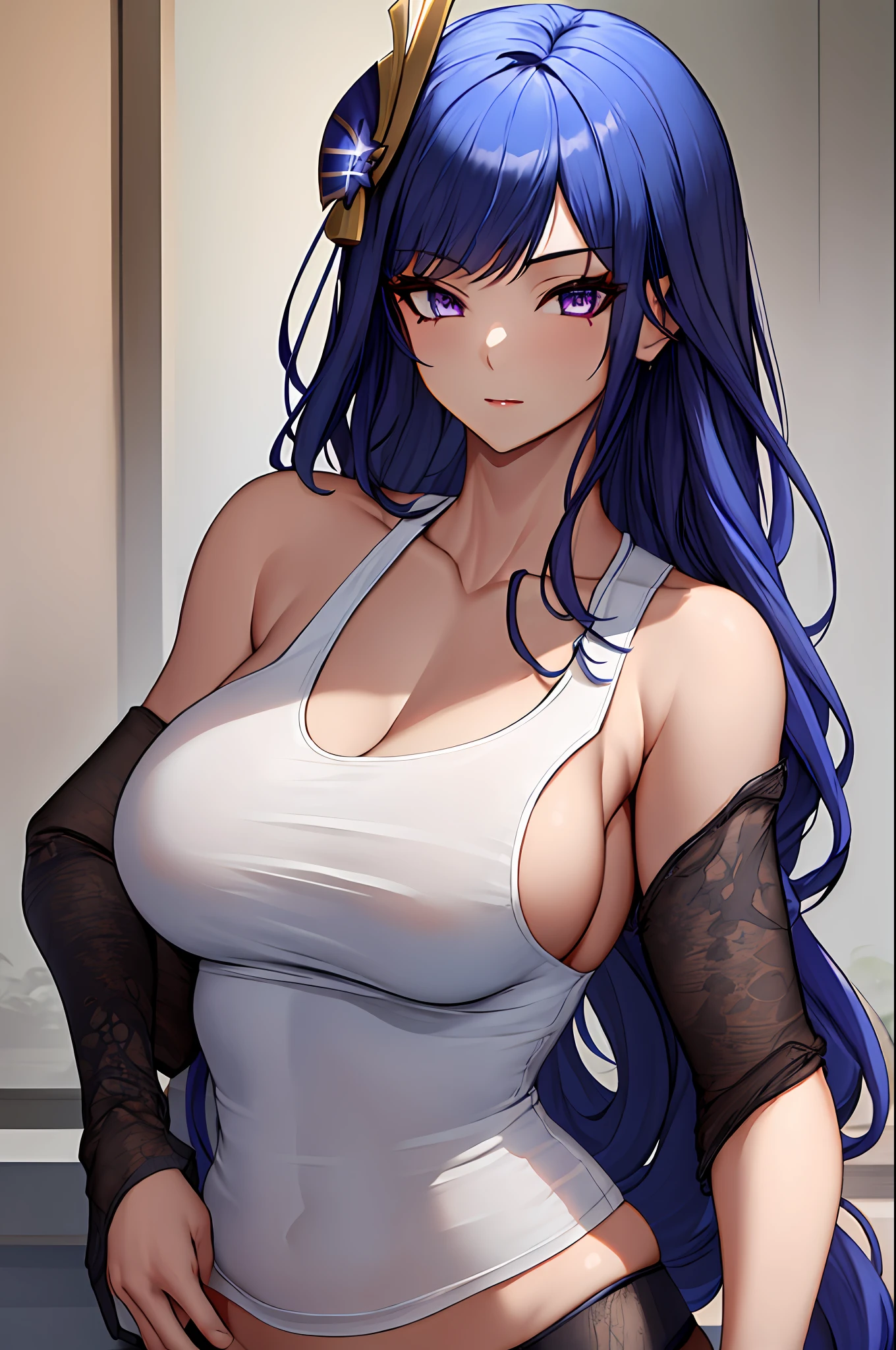 Highly detailed, High Quality, Masterpiece, beautiful, WrittenOnClothes, 1girl, solo, Raiden_Shogun_\(genshin impact\), Raiden_Shogun:1.2, blue hair, long hair, white tank top, tank top, skin tight,, mature female, tall female, adult, gorgeous body
