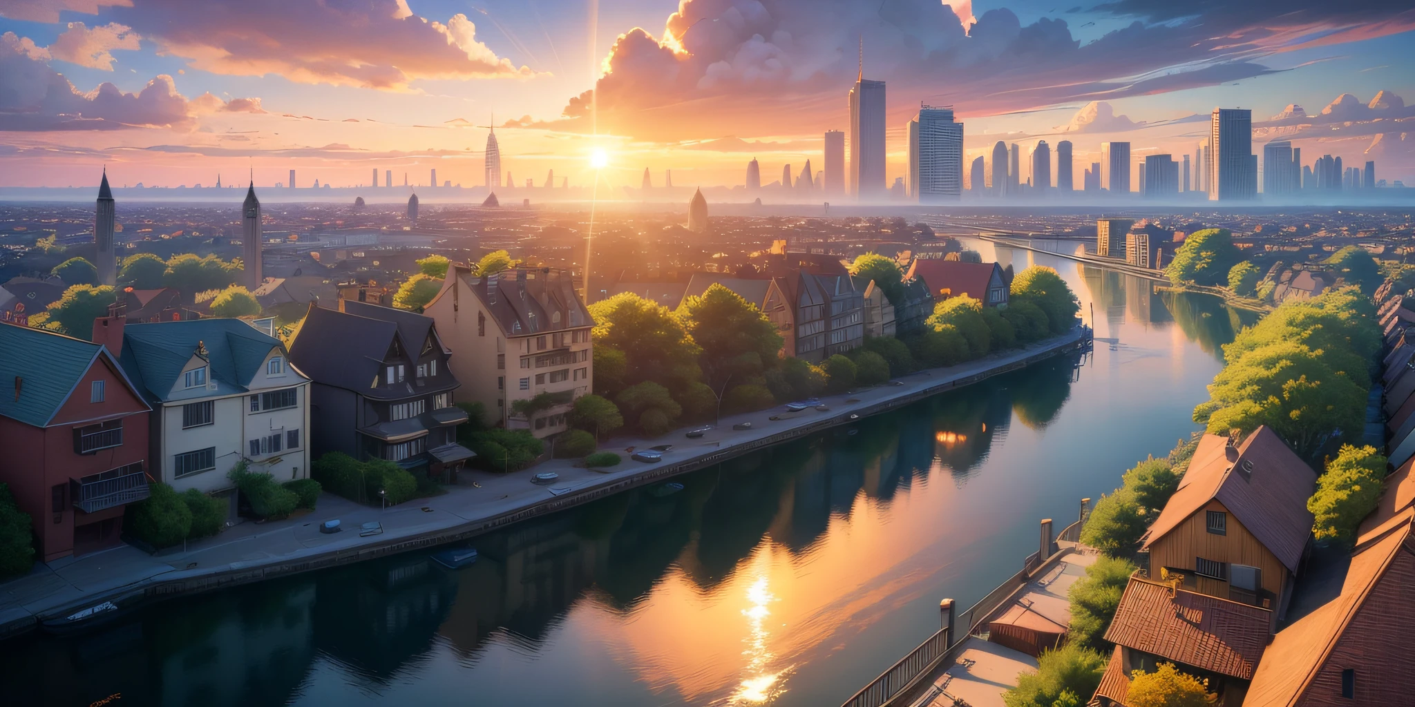 An anime scene that takes place in Brooklyn and has sunset humor. landscape. camera closer fisheye lens style. variation in architectural style, not repeat design. old houses and clay roofs. with details of pipes, vegetation and things from the natural world. add small canoes navigating the streets of water. Add some fantasy and magic to the image. use a more sunset mood in the colors and sun rays through the clouds