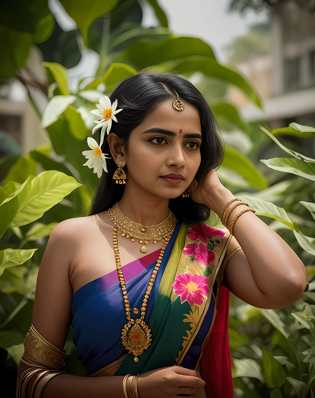 a woman in a sari with a flower in her hair, a picture by Thota Vaikuntham, instagram contest winner, bengal school of art, #myportfolio, shallow depth of field, movie still