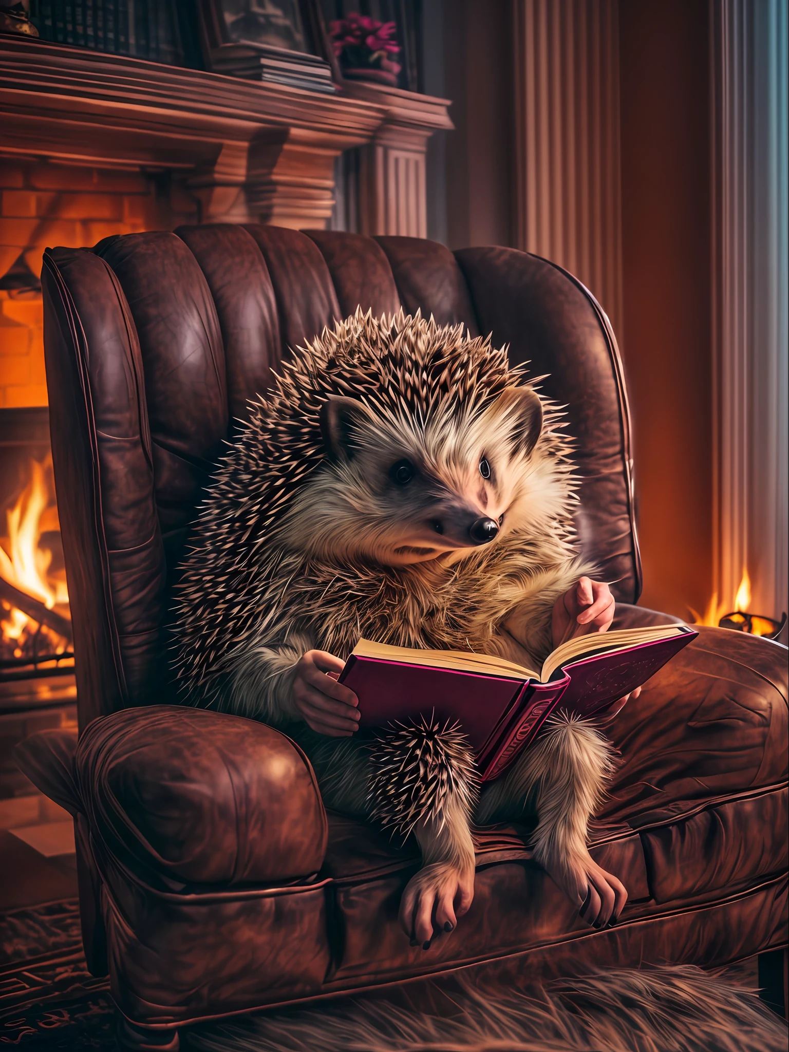 Anthropomorphic hedgehog sitting in an armchair by the fireplace and reading a book, Cozy room in the evening, Lightroom, Cinematic, HDR, Soggy, an intricate, hiquality, Calm tones, Complicated details, low contrast