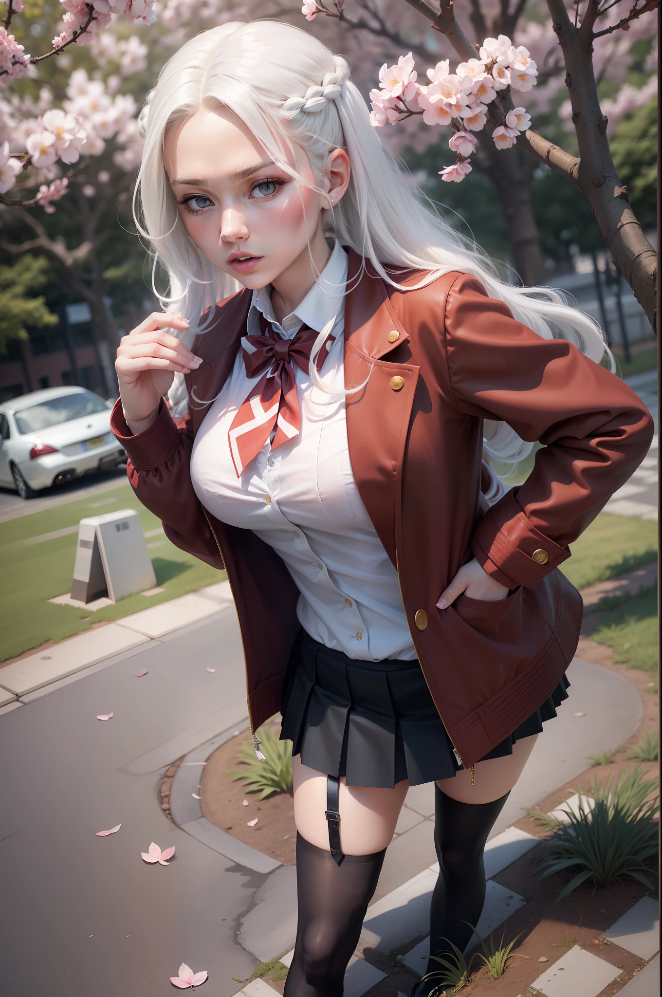 (Long white hair, Braided in two braids: 1.4), ((sharp jawline)) Red detailed eyes, Sharp pupils, Realistic pupils, ((Very muscular body with perky tits)), An evil expression on his face, (red jacket, white shirt with black tie, black pleated skirt with knee-length stockings, High-heeledshoes, School uniform of a high school student: 1.3), stands sideways, hands in pocket, Sexy, Realistic, photoshooting, Professional, High contrast, Photo for the cover of the magazine, dutch angle, Bottom view, on the lawn in the park, There, Where the cherry blossoms bloom