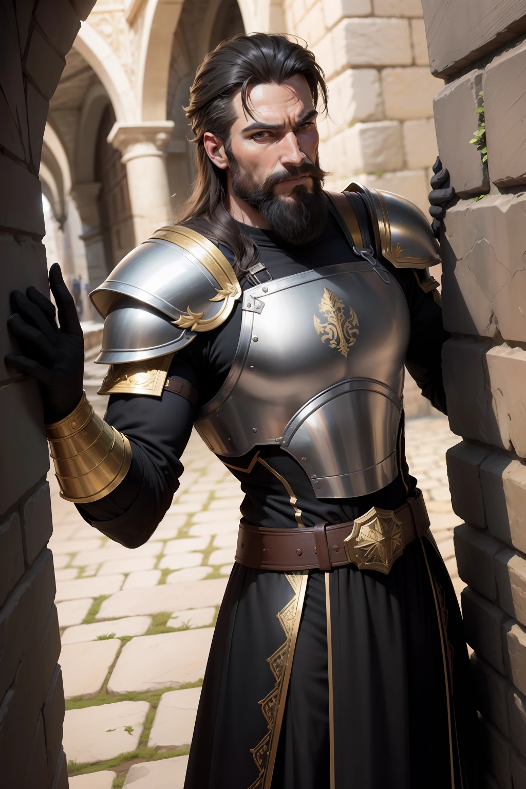 A close up of a man in armor standing near a brick wall - SeaArt AI