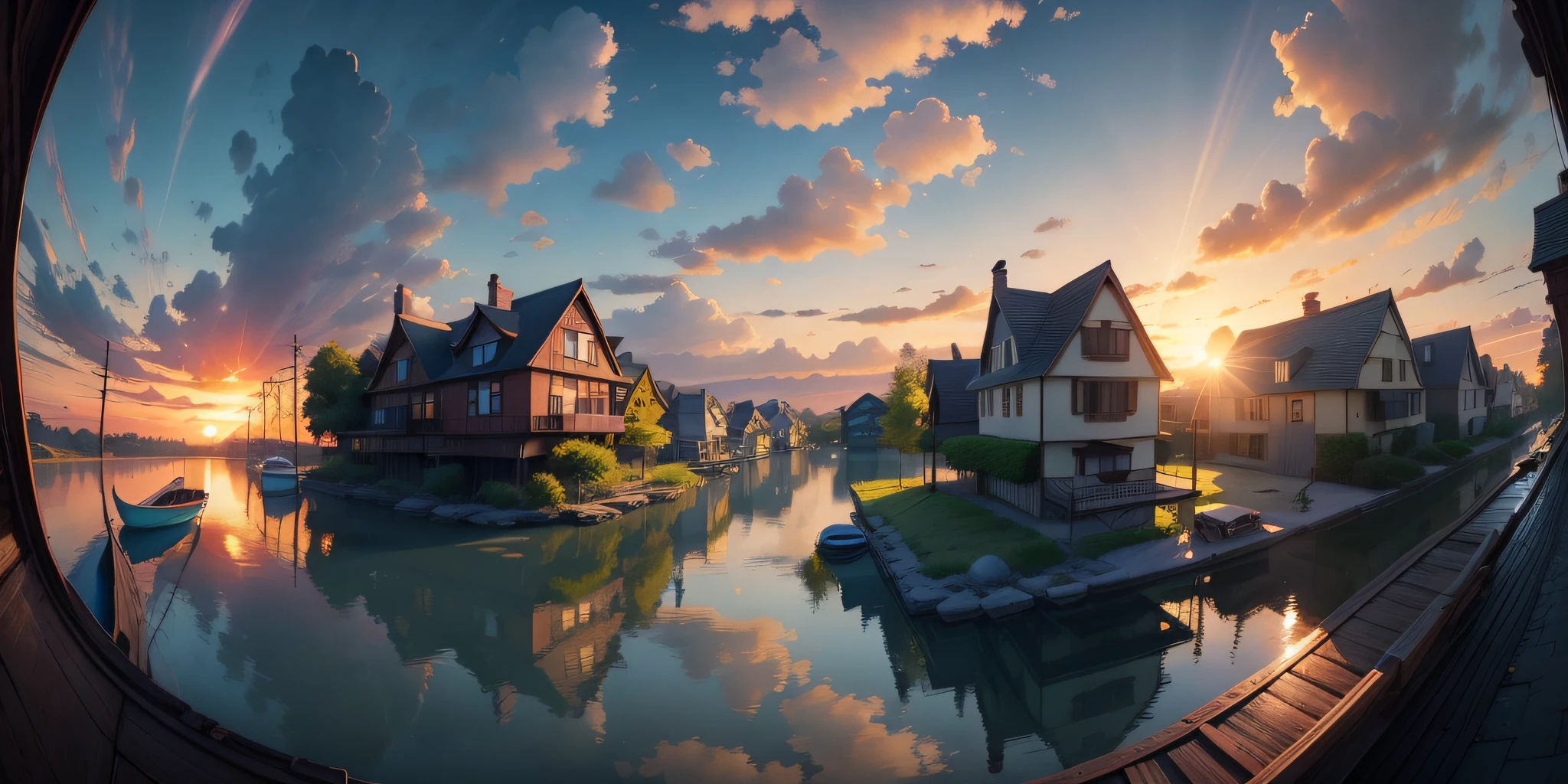 An anime scene that takes place in Brooklyn and has sunset humor. landscape. camera closer fisheye lens style. variation in architectural style, not repeat design. old houses and clay roofs. with details of pipes, vegetation and things from the natural world. add small canoes navigating the streets of water. Add some fantasy and magic to the image. use a more sunset mood in the colors and sun rays through the clouds