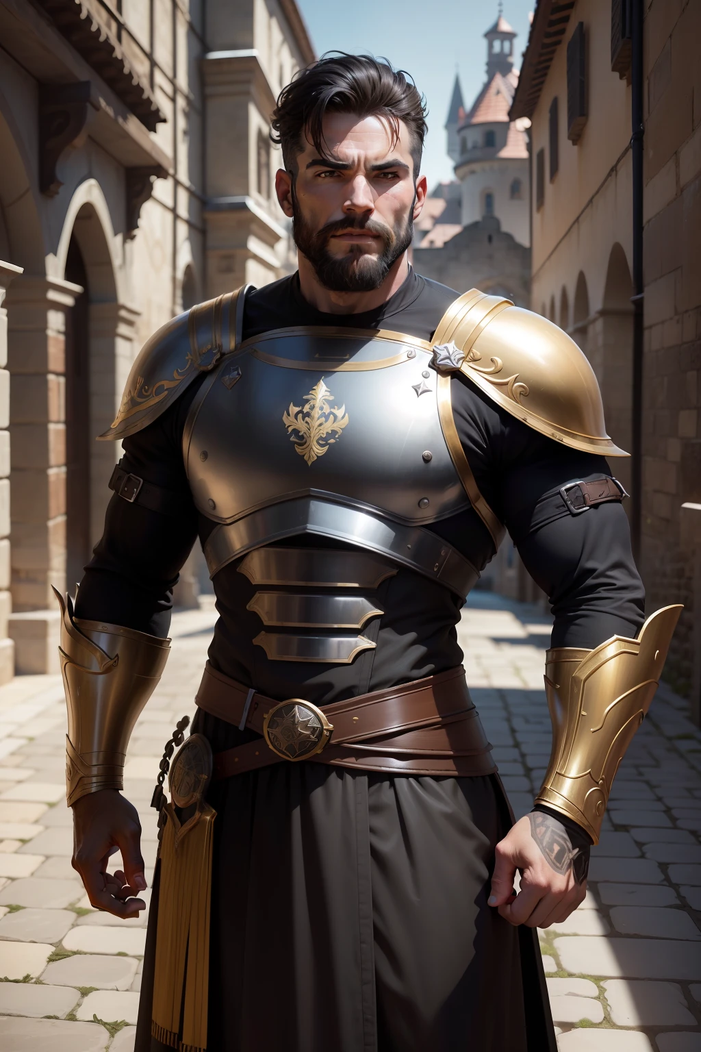 Ultra realista , alta resolução , ultra 8K , Homem com barba cheia , 40 anos , athletic body with black armor and gold color , vestimentas de Rei, um cavaleiro Rei, Ultra resolution , Castle Courtyard, Gladiador com uma foice .