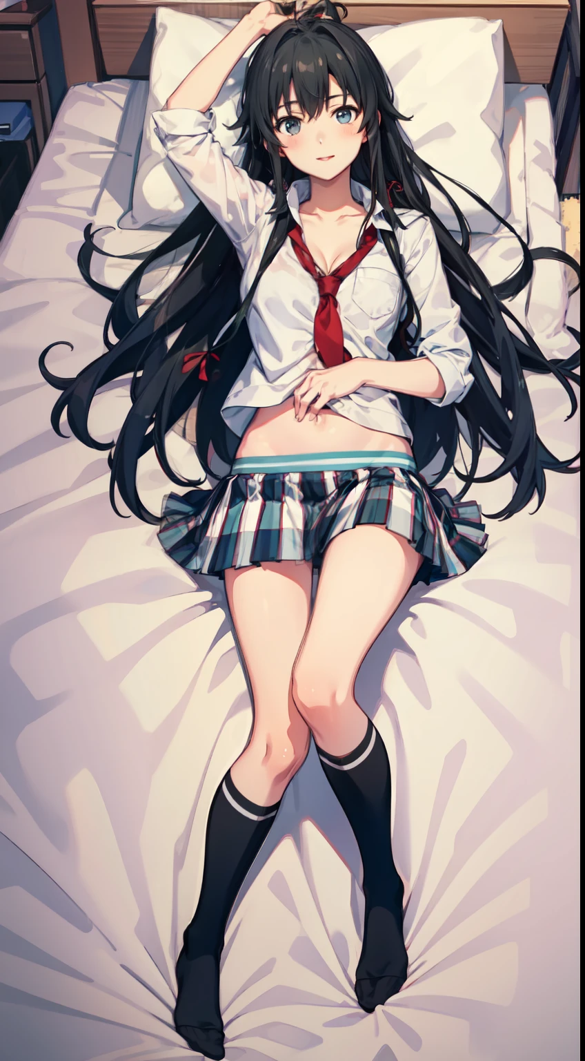 Yukino yukinoshita, long hair, cleavage, navel, slim legs, black hair, blue eyes, short skirt, thigh high socks, , happy, school uniform, bedroom, Belly, full body, lying on the bed