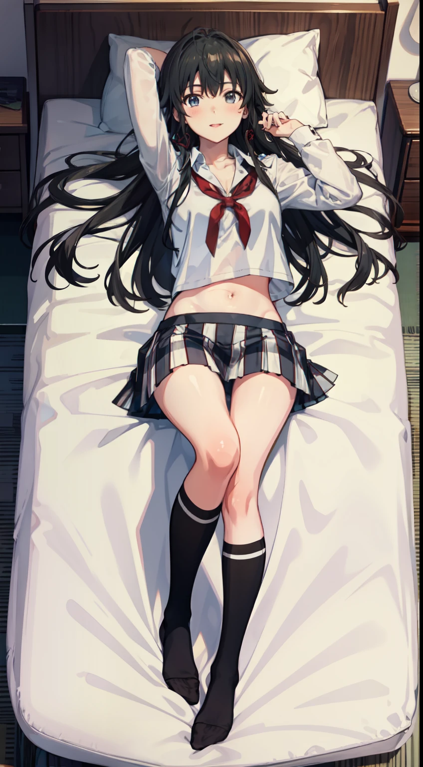 Yukino yukinoshita, long hair, cleavage, navel, slim legs, black hair, blue eyes, short skirt, thigh high socks, , happy, school uniform, bedroom, Belly, full body, lying on the bed