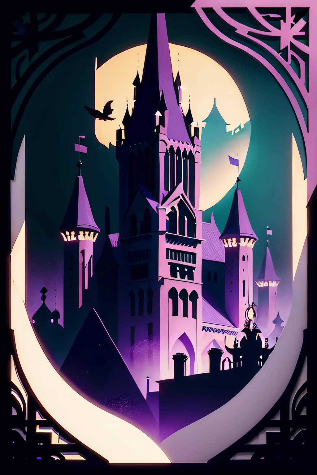 graphic design for fairy tales, fantastical, matte purple background, magical, Thought-provoking, Exciting, no shadows, vector, branches, square, cinematographic style, futuristic, paper cut craft-- ar 3:2