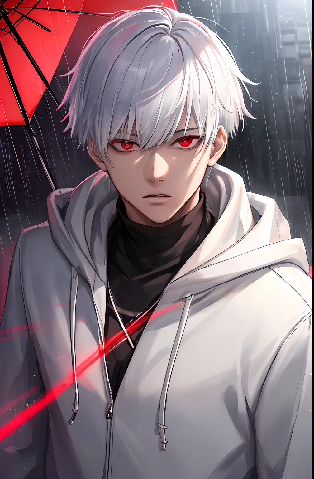 kk, best quality, more details, masterpiece, 1boy, kaneki ken, portrait, male focus, red eyes, solo, bangs, looking at viewer, hood, short hair, rain, tokyo tokyo \(city\),  hood up, nail polish, white hair, luxurious, 8k, detailed, ray tracing, depth of field, cinematic lighting,