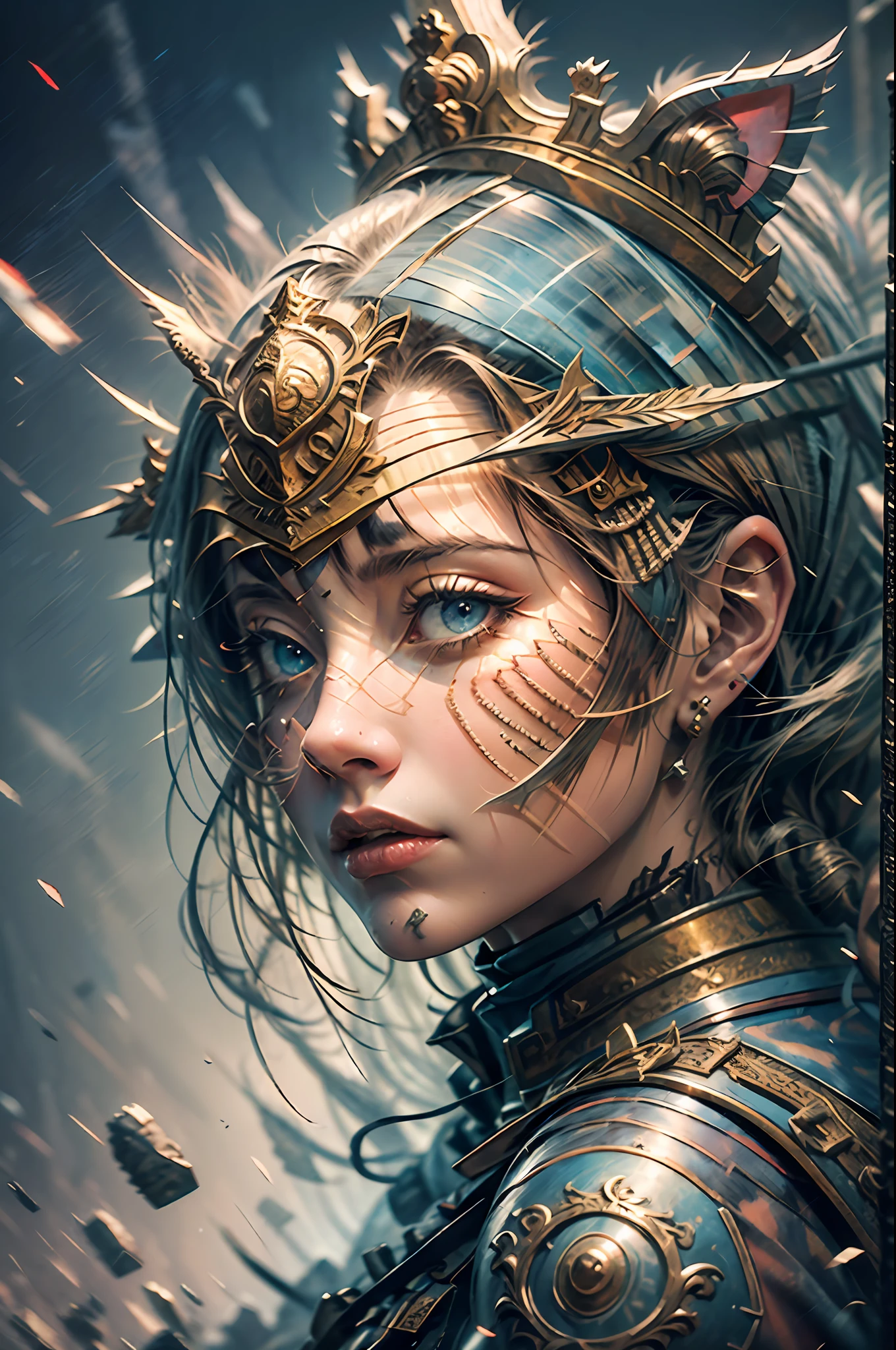 ((masterpiece))), (((best quality))), ((ultra-detailed)), (hyper-realistic), (highly detailed CG illustration), cinematic light, photorealistic, female assassin warrior with cat ears and crown, raytracing lighting --auto --s2