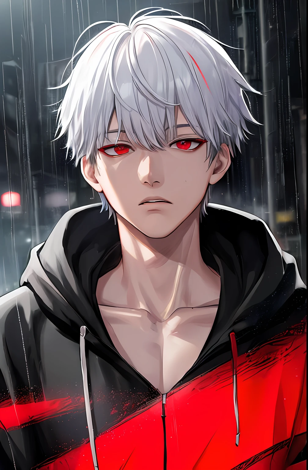 kk, best quality, more details, masterpiece, 1boy, kaneki ken, portrait, male focus, red eyes, solo, bangs, looking at viewer, hood, short hair, rain, tokyo tokyo \(city\), hood up, nail polish, white hair, luxurious, 8k, detailed, ray tracing, depth of field, cinematic lighting,