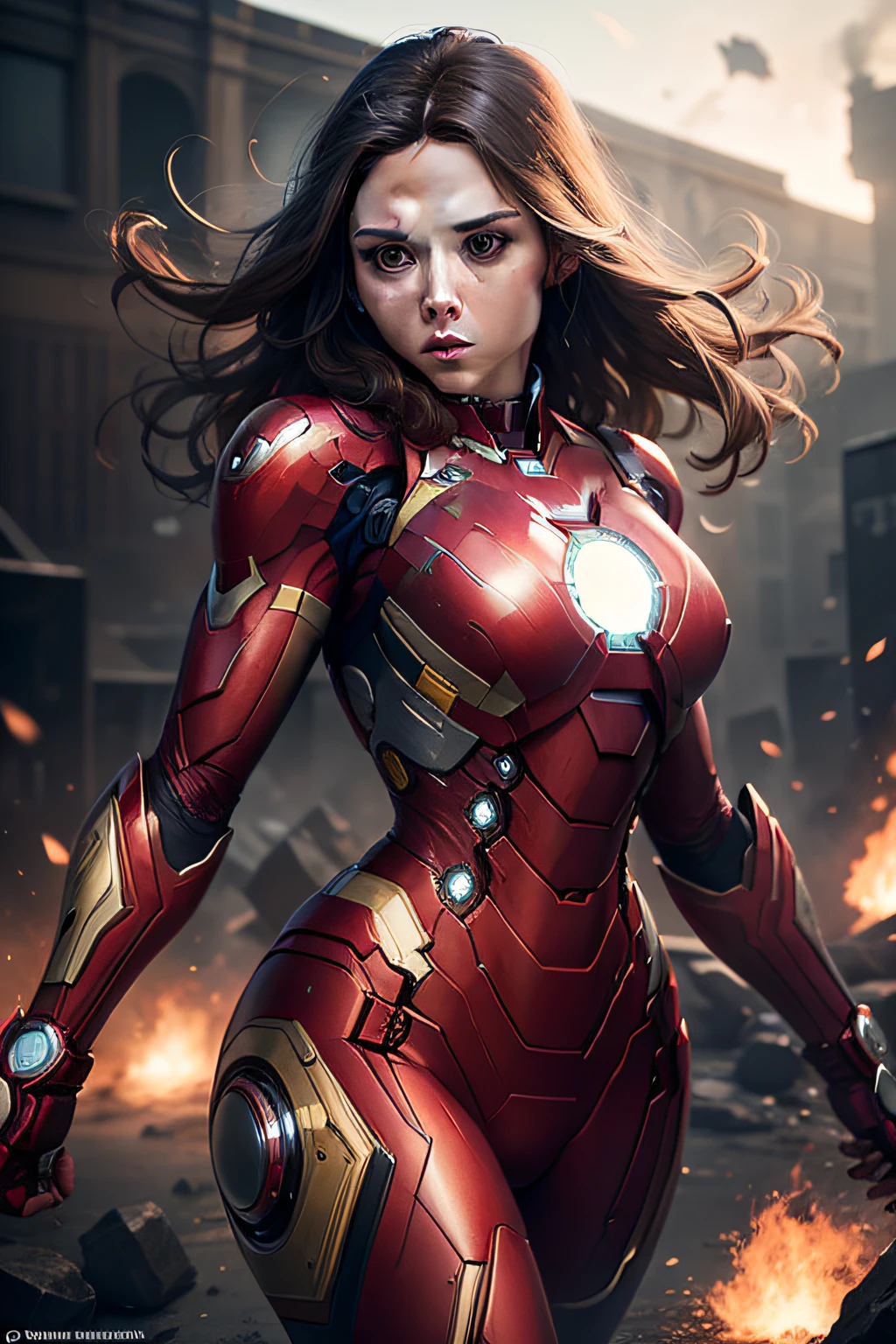 "Elizabeth Olsen portraying an incredibly powerful and captivating rendition of Iron Man, showcasing her strength, determination, and versatility. Create a mesmerizing portrayal of this iconic character, emphasizing the perfect balance between femininity and power. Highlight the sleek iron armor, intense energy blasts, and a dynamic pose that exudes confidence. Make use of vibrant colors, stunning lighting effects, and a visually striking backdrop to bring this scene to life. Deliver a breathtaking depiction that captures the essence of Elizabeth Olsen as Iron Man."