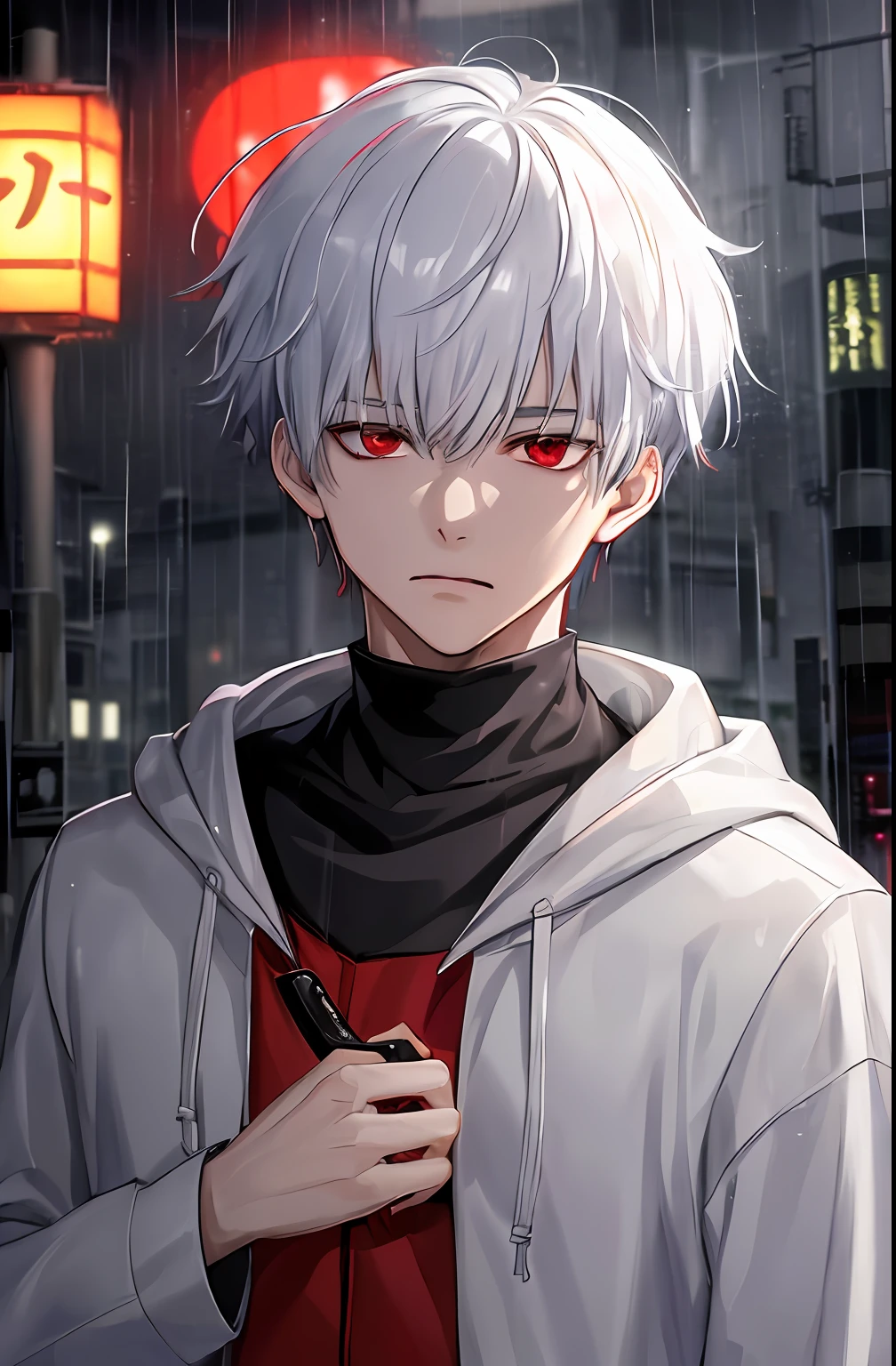 kk, best quality, more details, masterpiece, 1boy, kaneki ken, portrait, male focus, red eyes, solo, bangs, looking at viewer, hood, short hair, rain, tokyo tokyo \(city\),  hood up, nail polish, white hair, luxurious, 8k, detailed, ray tracing, depth of field, cinematic lighting,