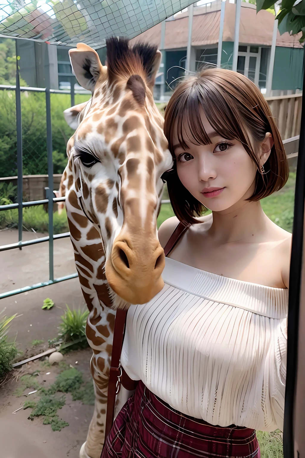 top-quality、超A high resolution、Photorealsitic、1 Idol Girl、with round face、White lace loose shirt emphasizing off-shoulder chest、tight skirts、In front of the cage of a giraffe in the zoo、Giraffe face、Take a selfie with the camera in one hand、Footage taken with your own camera、selfie photo、(Reddish brown straight bob cut hair、hair pin)、huge-breasted、Selfie close-up、Look at viewers、