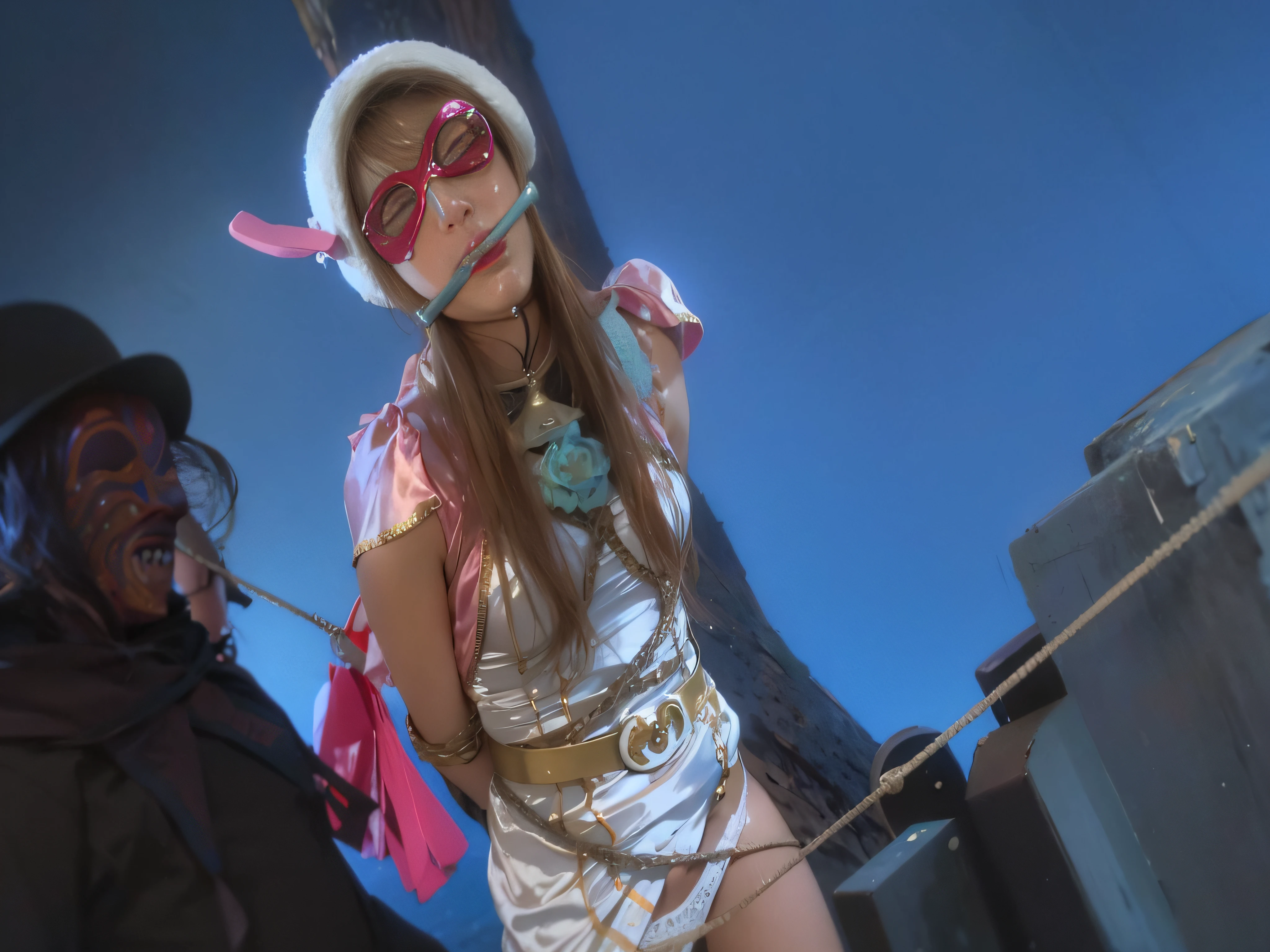 They are dressed up for the carnival in masks and costumes, asuka suit under clothes!, gyro zeppeli, Ayaka Cosplay, [32k hd]^10, Asuka, juri misaki, Ayami Kojima Amano, Ayaka, Steel Ball Run, Asuka as a surfer model, still from live action movie, Bottom Angle