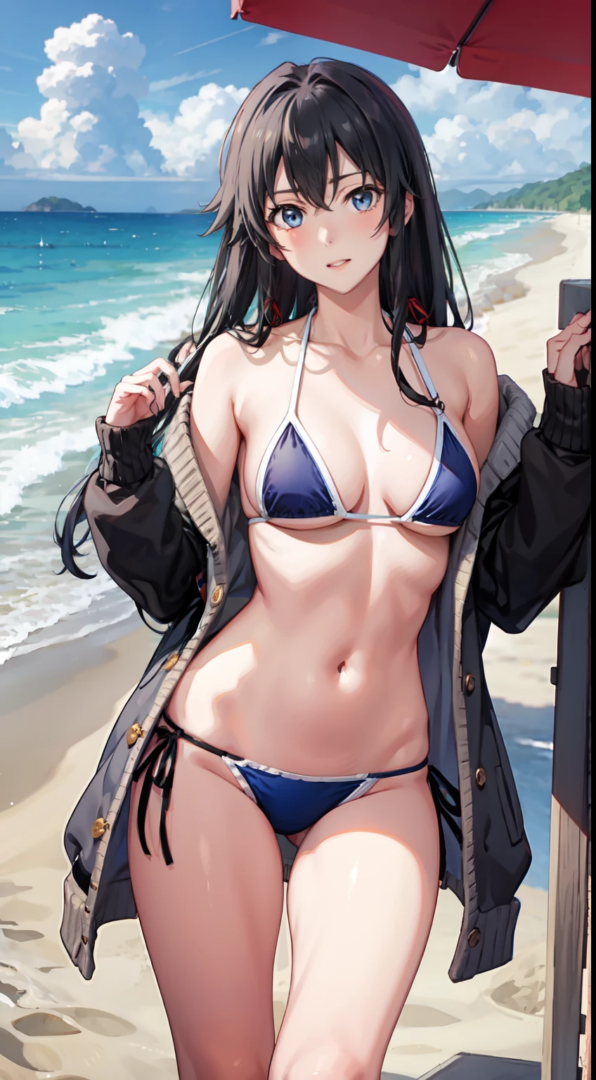 Yukino yukinoshita, long hair, cleavage, navel, slim legs, black hair, blue eyes,  side tie bikini, beach l, cardigan