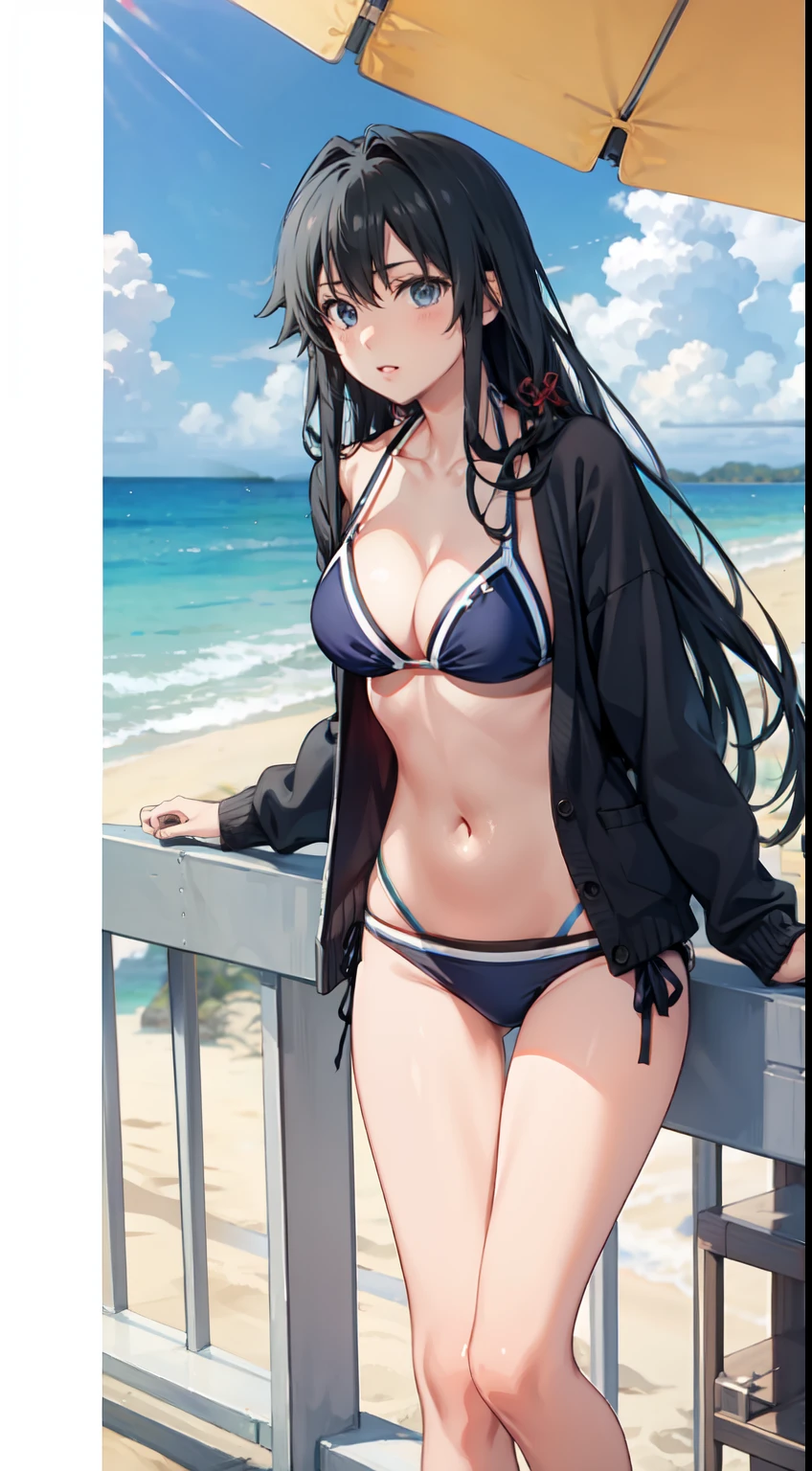 Yukino yukinoshita, long hair, cleavage, navel, slim legs, black hair, blue eyes,  side tie bikini, beach l, cardigan