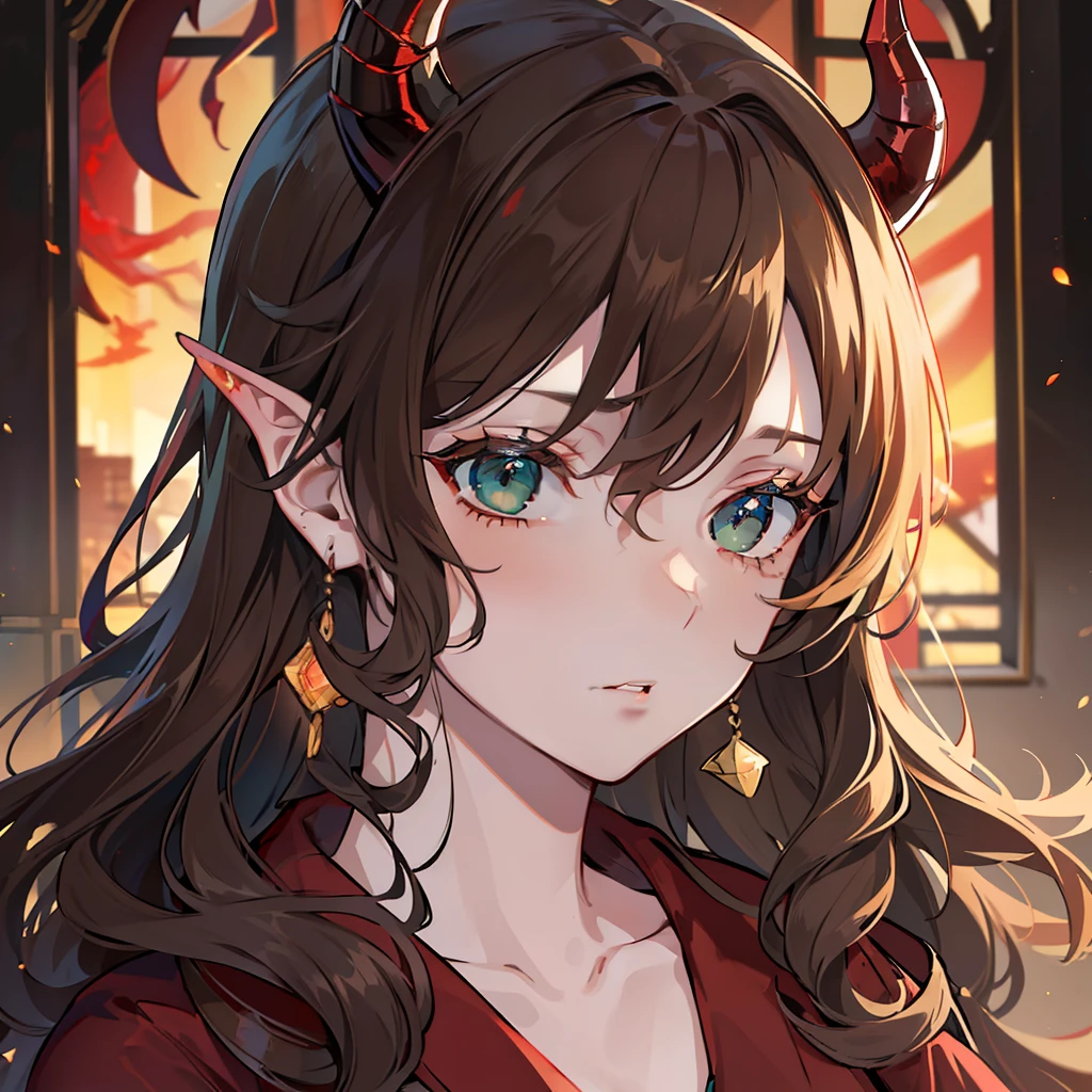 (highres, best quality, masterpiece) adult female, (solo, women), mother like, (detailed, highly detailed), soft lighting 4k, dramatic lighting 4k, long brown hair, curly hair, green eyes, (detailed eyes), short, (mature woman, athletic_build, sexy body) horns, devil horns, red skin, tan stomach, smooth skin, hunter gear, black robe