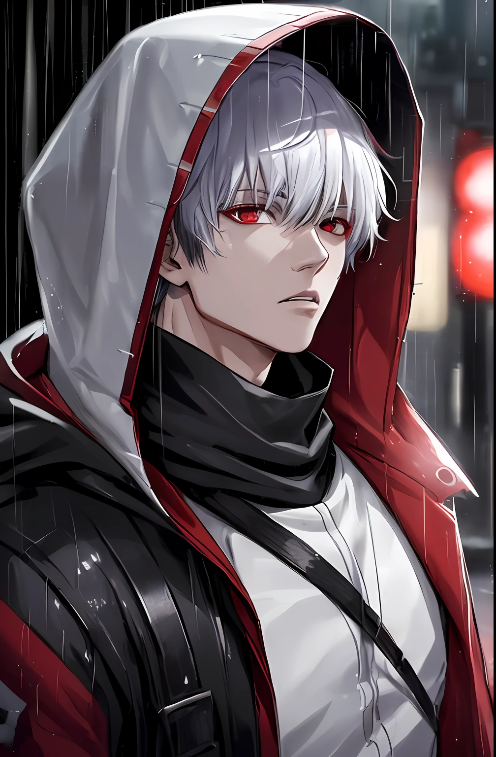 kk, best quality, more details, masterpiece, 1boy, kaneki ken, portrait, male focus, red eyes, solo, bangs, looking at viewer, hood, short hair, rain, tokyo tokyo \(city\), hood up, nail polish, white hair, luxurious, 8k, detailed, ray tracing, depth of field, cinematic lighting,