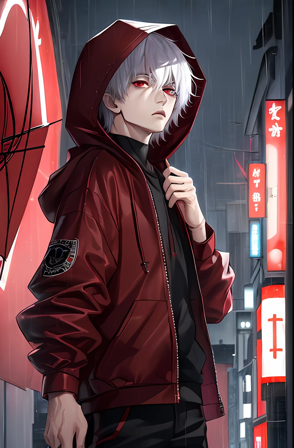 kk, best quality, more details, masterpiece, 1boy, kaneki ken, portrait, male focus, red eyes, solo, bangs, looking at viewer, hood, short hair, rain, tokyo tokyo \(city\), hood up, nail polish, white hair, luxurious, 8k, detailed, ray tracing, depth of field, cinematic lighting,
