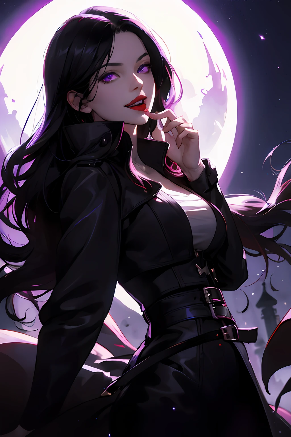 1girl, beautiful girl, long black hair:1.2, long black hair:1.2,purple eyes, black leather pants, black leather corset, (large black leather trench coat:1.2), big breasts,vampire smile:1.2,smile:1.2,th vampire:1.2, open mouth:1.2,looking at viewer, solo, upper body,(masterpiece:1.4),(best quality:1.4),red lips,parted lips, night city:1,iluminated face:1.2,street,night,vampire:1.2,extremely_beautiful_detailed_anime_face_and_eyes,an extremely delicate and beautiful,dynamic angle, cinematic camera, dynamic pose,depth of field,chromatic aberration,backlighting,Watercolor, Ink, epic, candystyle, ,style,castlevania style