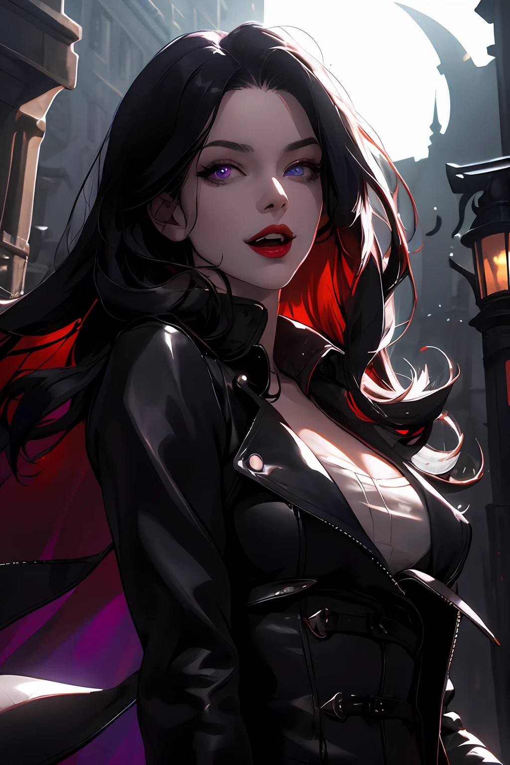 1girl, beautiful girl, long black hair:1.2, long black hair:1.2,purple eyes, black leather pants, black leather corset, (large black leather trench coat:1.2), big breasts,vampire smile:1.2,smile:1.2,teenth vampire:1.2, open mouth:1.2,looking at viewer, solo, upper body,(masterpiece:1.4),(best quality:1.4),red lips,parted lips, night city:1,iluminated face:1.2,street,night,vampire:1.2,extremely_beautiful_detailed_anime_face_and_eyes,an extremely delicate and beautiful,dynamic angle, cinematic camera, dynamic pose,depth of field,chromatic aberration,backlighting,Watercolor, Ink, epic, candystyle, ,style,castlevania style