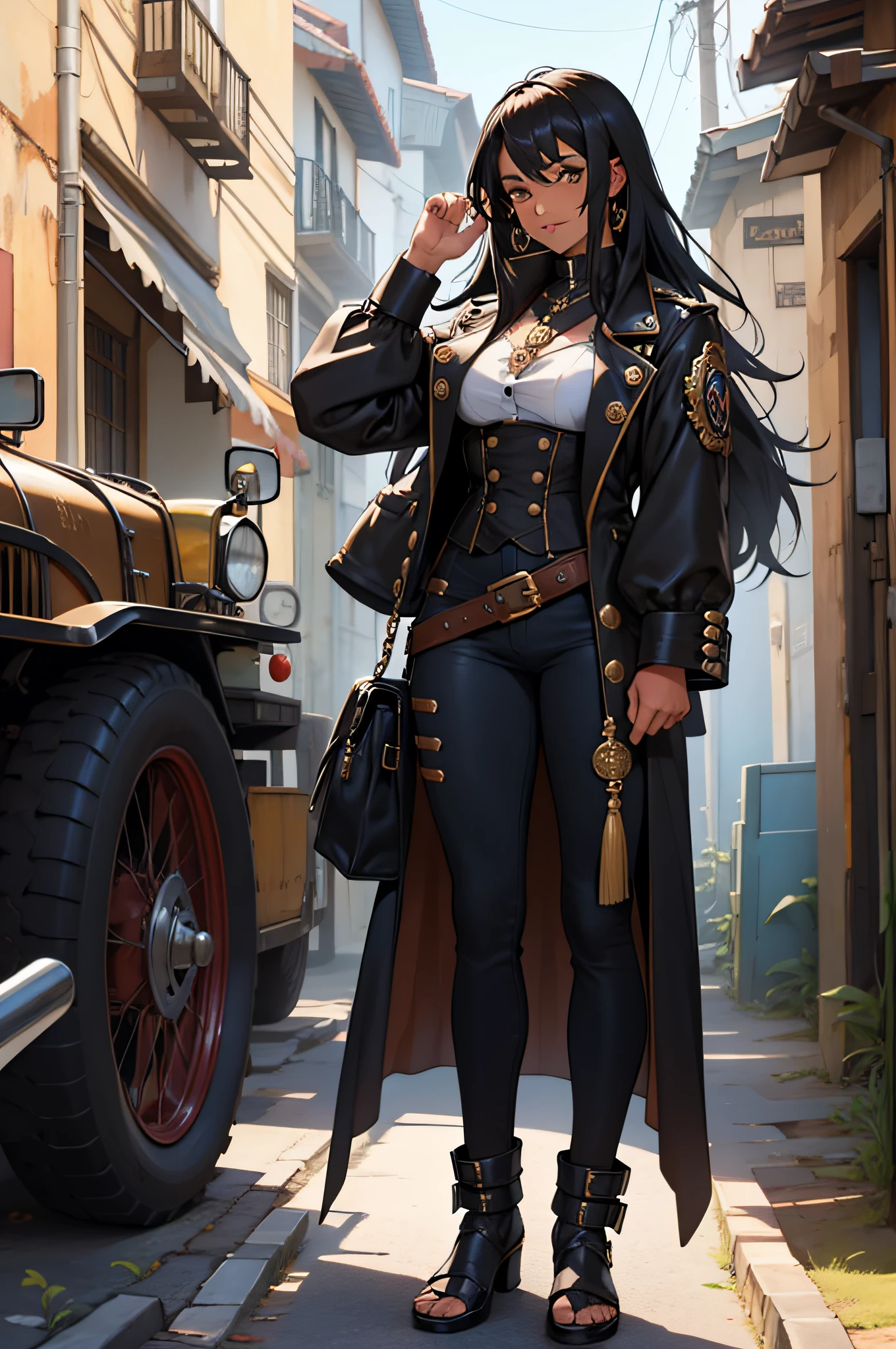 Jovem de pele negra, cabelos curto castanhos enrolado , roupas usadas estilo steampunk, sentado no esgoto