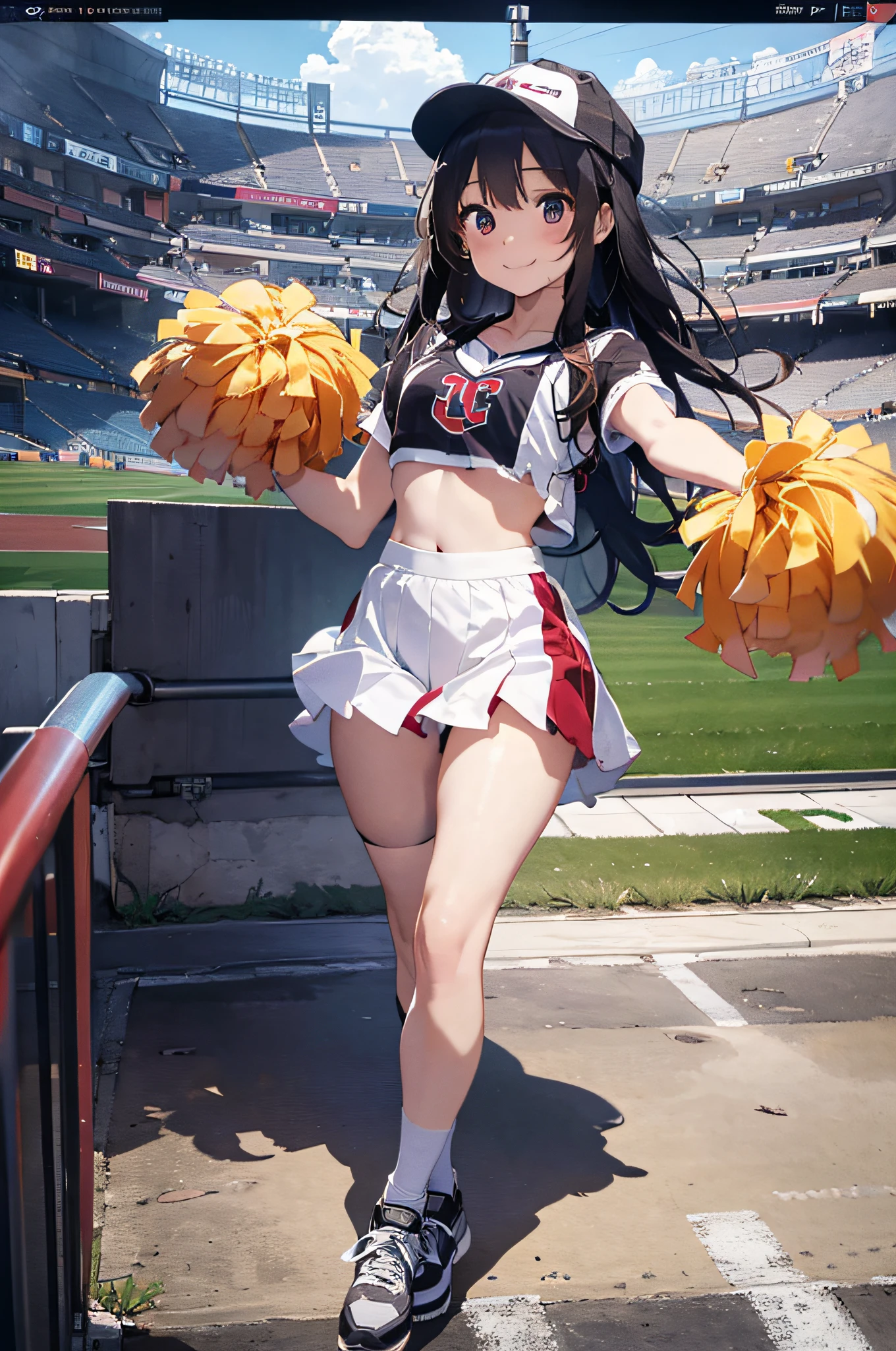 Asian cheerleaders dancing with big pom-poms in stadium stands、tiny chest、Raw photography, top-quality, hight resolution, (​masterpiece), (Photorealsitic:1.4), professional photograpy, foco nítido, nffsw, 8K分辨率, intricate detailes, depth of fields, the Extremely Detailed CG Unity 8K Wallpapers, front lit, girl with, A smile、(A slender:1.3)、(taken from the under:1.5)、(skinny thigh)、Wear a hat on your head、