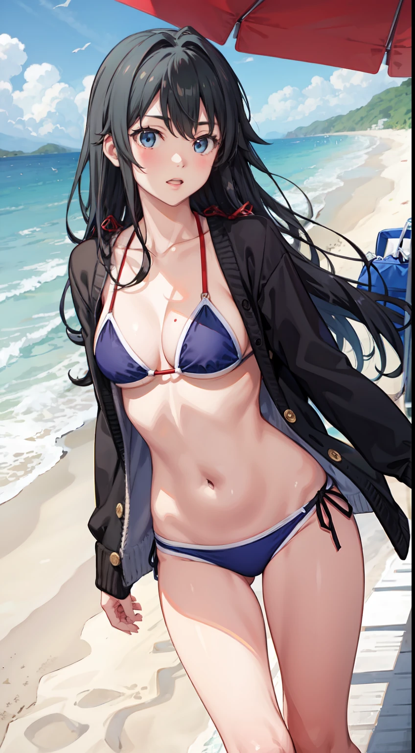 Yukino yukinoshita, long hair, cleavage, navel, slim legs, black hair, blue eyes,  side tie bikini, beach l, cardigan, teen body