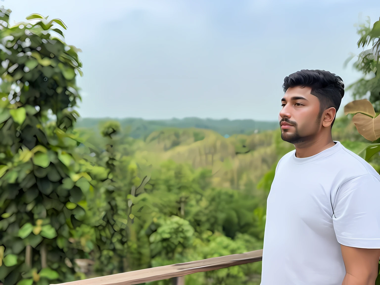 arafed man standing on a wooden deck looking at the camera, in front of a forest background, jungles in the background, amidst nature, hills in the background, in front of an amazing forest, looking majestic in forest, trees in the background, in a scenic background, forest in the background, in the background is lush jungle, overlooking a vast serene forest