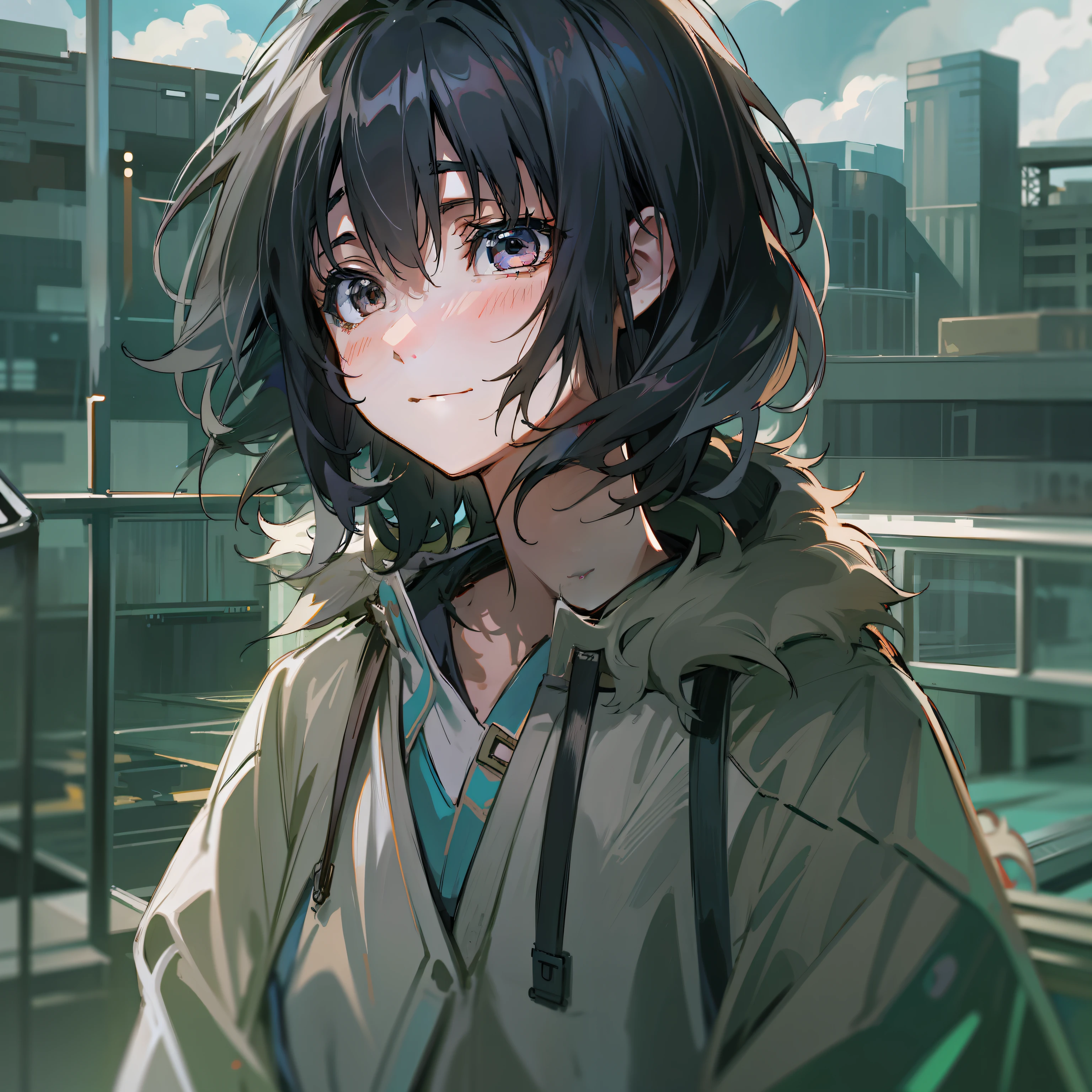 black hair, asymmetrical hair, asymmetrical hair, asymmetrical hair, messy hair, wavy hair, bob cut, sad smile, anime, panorama, UHD, ccurate, high quality, 1080P, highres,black eyes