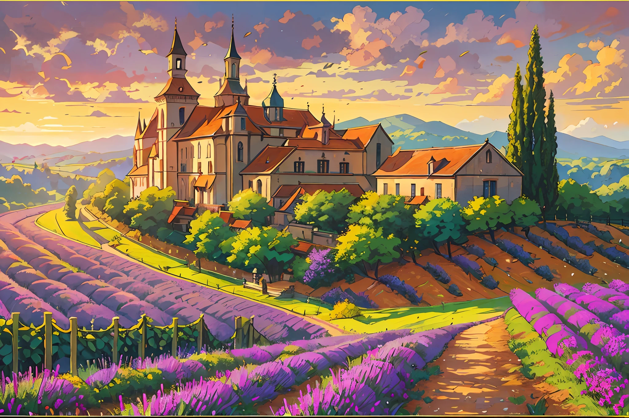 Envision an exquisite fantasy kingdom lying in clouds set in the picturesque countryside of France. Describe rolling hills adorned with meticulously cultivated grapevines, their emerald leaves glinting under the golden sun. Nestled among the vines, elegant châteaux with towering spires exude an air of regal charm. Paint a scene where the aroma of freshly baked bread mingles with the scent of blooming lavender fields, and where the backdrop of the landscape is a canvas of vibrant colors as the sun sets over the horizon, casting a warm and enchanting glow.