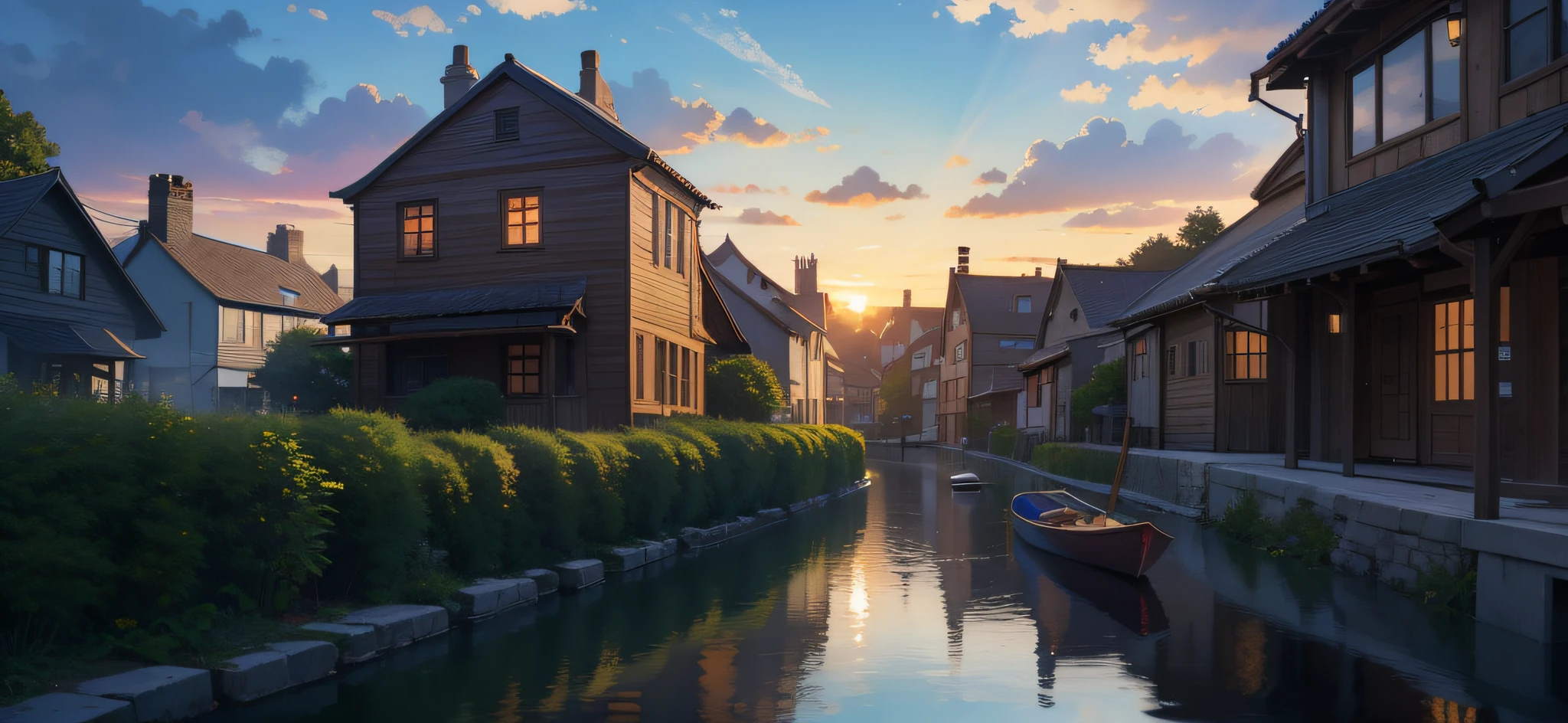 An anime scene that takes place in Brooklyn and has sunset humor. landscape. camera closer fisheye lens style. variation in architectural style, not repeat design. old houses and clay roofs. with details of pipes, vegetation and things from the natural world. add small canoes navigating the streets of water. Add some fantasy and magic to the image. use a more sunset mood in the colors and sun rays through the clouds. change the camera angle a little closer to the ground