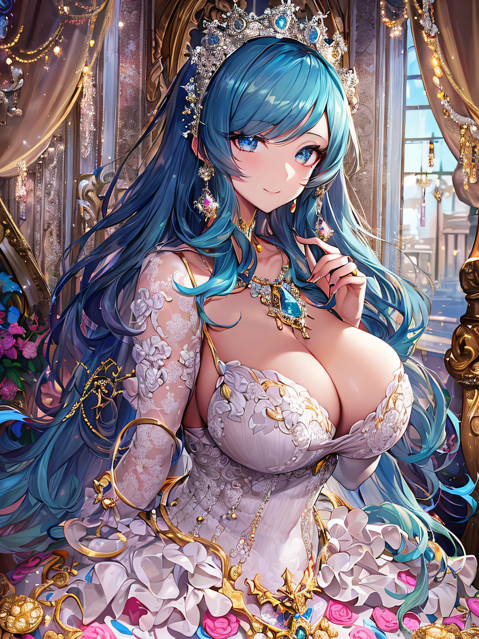 ((anime artstyle)),(Masterpiece),(Best Quality), (Super Detail),((Very Delicate and Beautiful)),((Solo)),((full body)),(((1 bling-bling princess in beautiful embroidery and jeweled extremely gorgeous rococo ball gown dress))),(((bling-bling))),Long train,(bling-bling gorgeous gemstone jewelry),detailed face and eyes,jewel-like eyes,(seductive smile),((extremely voluminous Very Long Hair,Straight Hair)),((gigantic tits,Long tits,cleavage)),curvy,skindentation,(gorgeousfull embroidery and lace),gorgeous corsage,See-through,extremely gorgeousfull hair ornament,bling-bling extremely gorgeousfull jeweled tiara,ornate ruffles,((full body)),((hoop skirt,crinoline)),Dynamic Angle,Looking at viewer,((beautiful embroidery and jeweled extremely gorgeous rococo ball gown dress)),full body