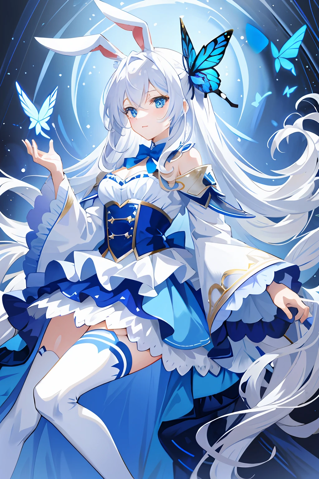 tmasterpiece,Need,illustration,blue color eyes,long white hair,Bunny girl outfit,ellegance、Playful、Raised sexy,Flying blue butterflies