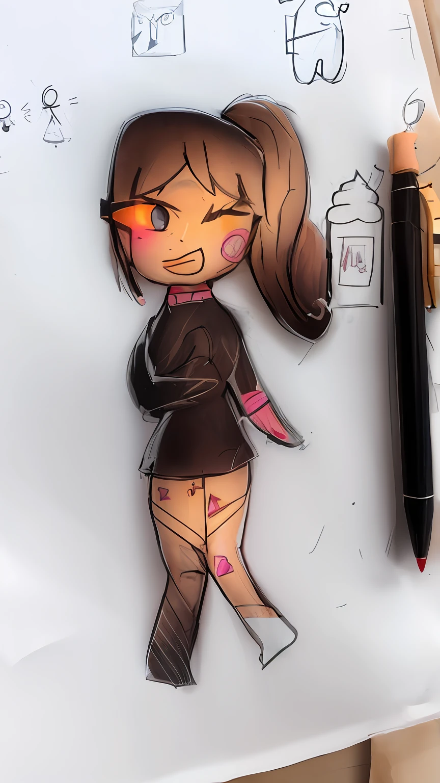 Drawing of a girl with glasses and a tie on a piece of paper, cel sombreado!!!, sketchy artstyle, estilo de arte desconhecido, chibi, small curvy loli, themed girl, um desenho de anime, sem sombreamento, sombreamento!!!, em estilo anime, Pose casual, cel - estilo de arte sombreado, sombreamento estilo anime plano, estilo chibi, personagem estilo anime