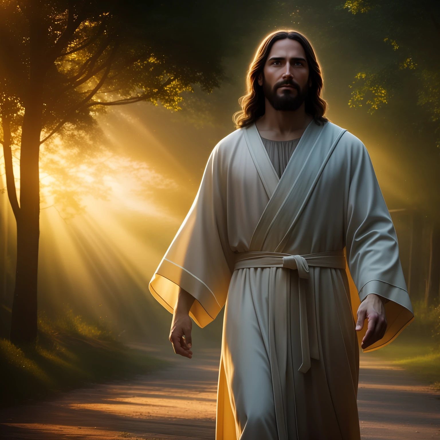 Jesus Christ from the front, soft expression, robes of the time of Jesus, walking down the road, streaks of light coming down from the sky, depth of field, HDR, bloom, chromatic aberration, realistic, very detailed, Complex, very high detail, dramatic, volumetric lighting
