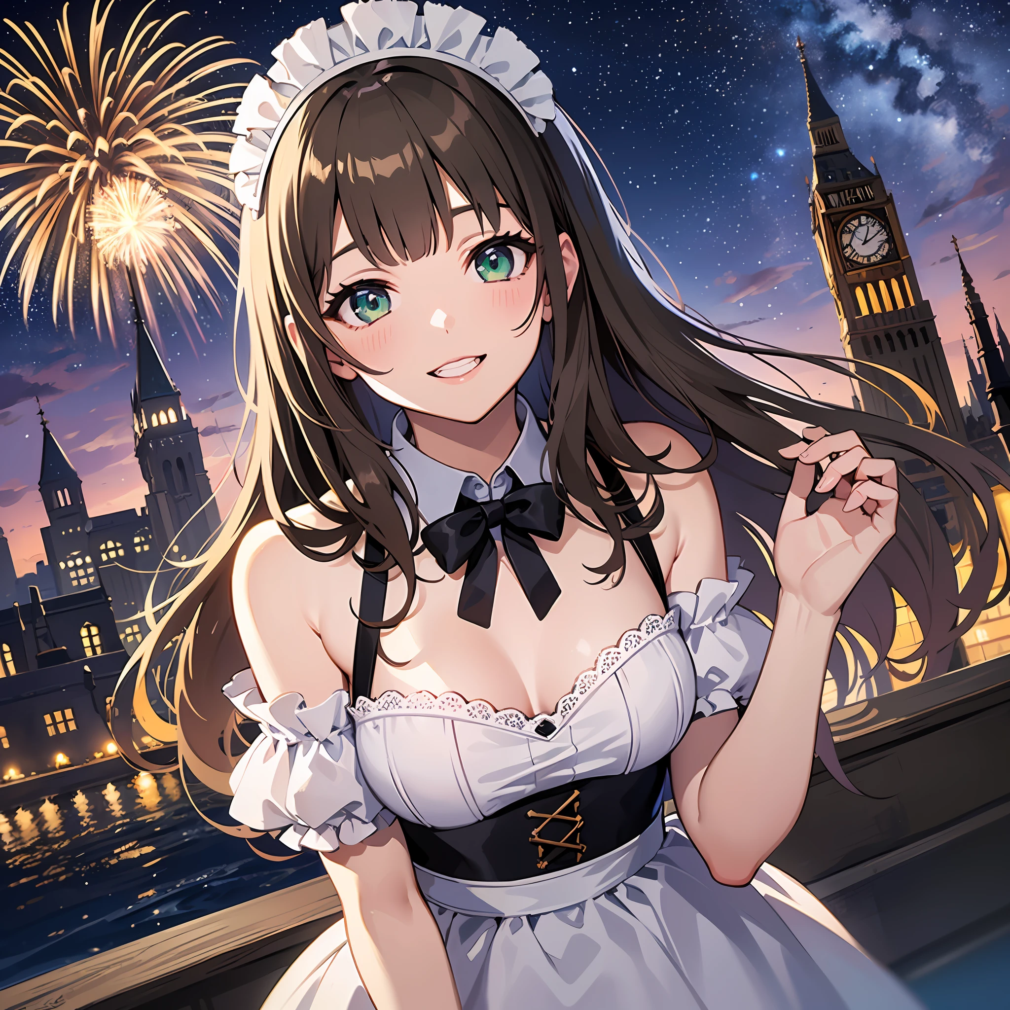 (masterpiece:1.3), (best quality:1.3), high resolution,
couboy shot,
leaning forward, body facing forward,
(one cute girl:1.3), solo,
white skin, small Breast, eight-headed person,
light brown hair, long hair, straight hair, (blunt bangs:1.2), beautiful hair, green eyes, drooping eyes, beautiful detailed eyes,
cheerful smile,
maid,
outdoors, (night:1.2), Fireworks in the night view, night sky, castle,
shadowlighting,