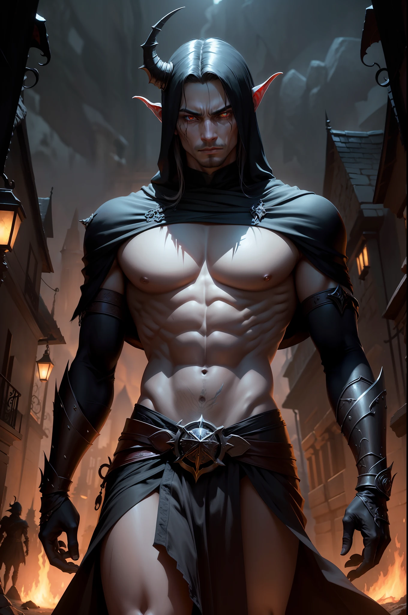 em um Reino Medieval, eis um patrulheiro tiefling com uma impressionante tez carmesim. Your skin carries the tones of twilight, hinting at his infernal heritage. Um de seus chifres quebrados. But it is the left arm that catches the eye immediately because it has a characteristic of a totally necrotic undead arm. A haunting necrotic aura surrounds her, pulsando com sinistro, Tons de arrochead que contrastam com o calor vivo de seu corpo. O membro necrosado aparece como se tocado pelo reino dos mortos-vivos, his once vibrant life now frozen in an eternal state of decay. Your fingers take on a skeletal appearance, and patches of withered flesh show the hand's connection to the dark realms. Despite its appearance, the arm exhibits an unsettling strength, possuir um poder sobrenatural que serve como um lembrete sombrio de sua origem sombria. In the midst of his enigmatic features, His lone crimson eye shines with an intensity that reflects determination and resilience. Tiefling's posture exudes unwavering determination, A guardian swore to protect the realm from lurking wickedness. Armado com um manto esfarrapado que brota ao vento, He moves with an air of mystery and purpose, Always vigilant in his quest to resist the encroaching darkness.