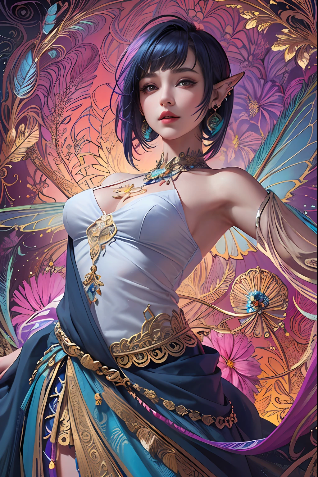 masterpiece, top quality, best quality, official art, beautiful and aesthetic:1.2), (1girl:1.3), extremely detailed,(fractal art:1.1),(colorful:1.1)(flowers:1.3),highest detailed,(zentangle:1.2), (dynamic pose), (abstract background:1.3), (shiny skin), (many colors:1.4), ,(earrings:1.4), (feathers:1.4), (pixie hair cut:1.4), (dark blue hair)