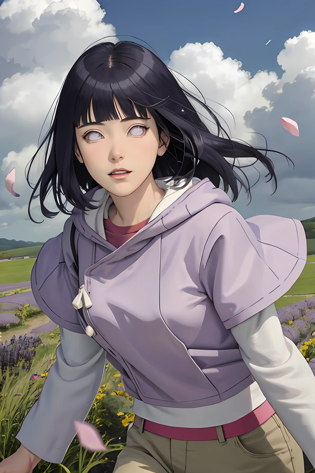masterpiece, absurdres, hinata\(boruto\), 1girl, solo, female, purple hoodie,layered sleeves, brown pants, outdoors,lavender flower field, wind, floating hair, looking at viewer, (falling petals), cloudy sky, perfect composition, detailed lips, medium breasttiful face, body propotion, blush, soft smile, light smile, red lips,