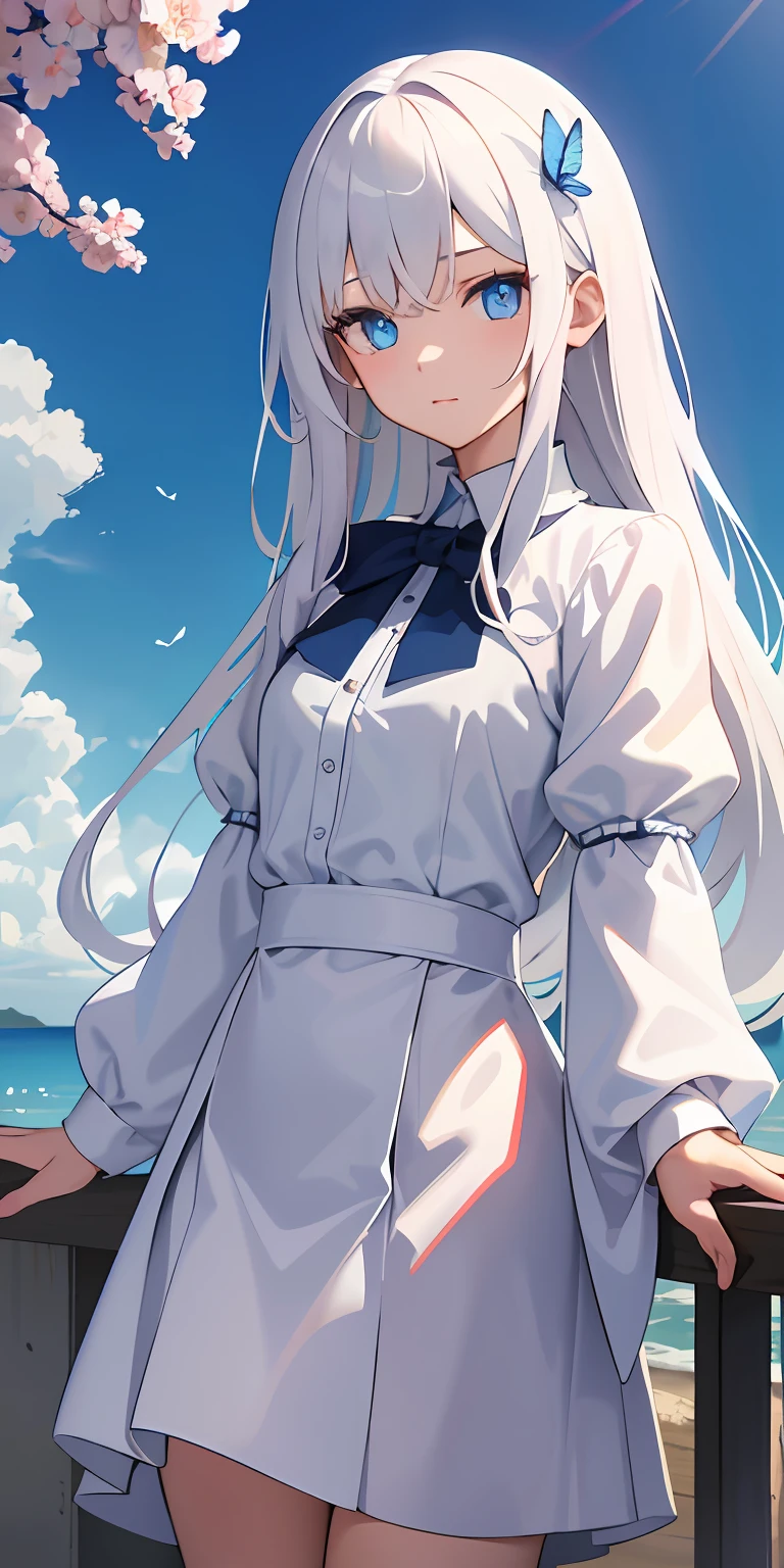 tmasterpiece， Best quality at best， 1girll， frontage， looking at viewert，long  white hair， eBlue eyes， Sateen， looking at viewert， （wet blouses）， 校服， white  shirt， exteriors， fresh flowers，Flying blue butterflies， mostly cloudy sky，（NFWS1.5）