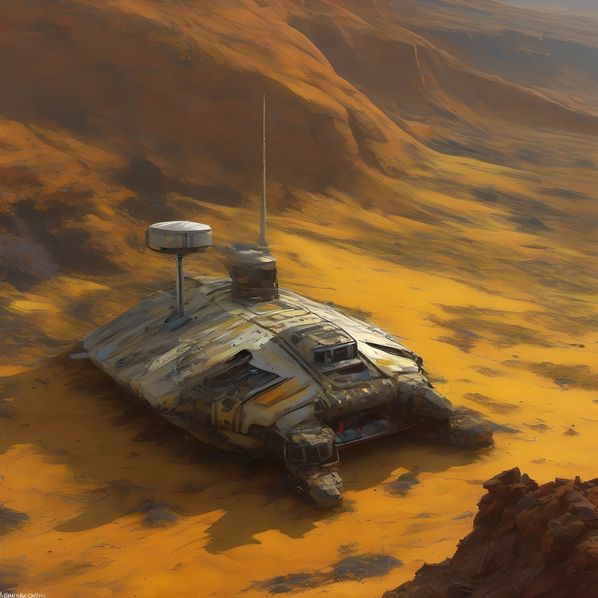 Old abandoned extraterrestrial spacecraft, half buried in the yellowish sand inside a Mars crater, rust, lichen, rust, lichen, style of Ian McQue